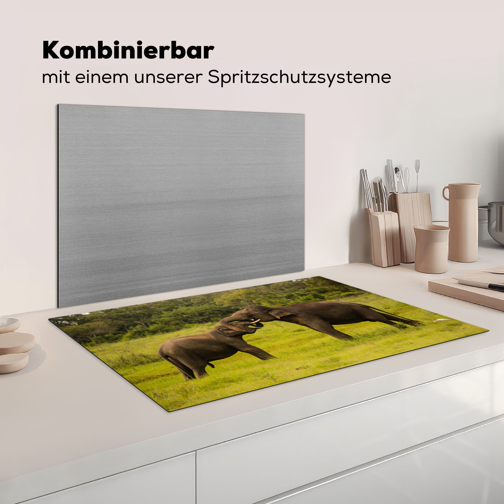 (1 - Ceranfeldabdeckung, Arbeitsplatte Vinyl, tlg), Grün, Tiere - Herdblende-/Abdeckplatte 83x51 Gras - für MuchoWow Elefant cm, küche