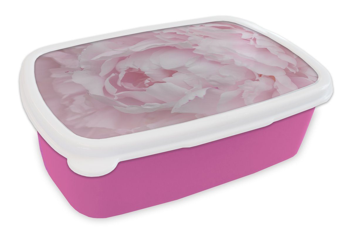 MuchoWow Lunchbox Nahaufnahme und Draufsicht einer rosa Pfingstrose, Kunststoff, (2-tlg), Brotbox für Erwachsene, Brotdose Kinder, Snackbox, Mädchen, Kunststoff