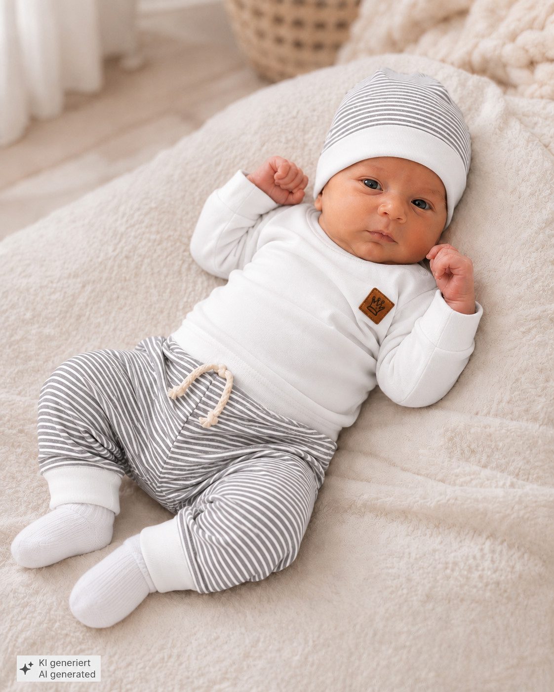 La Bortini Erstausstattungspaket Baby Anzug Langarmshirt Hose Mütze Socken neutral in weiß grau (Erstlingsset für Neugeborene, 4-teilig, für Jungen und Mädchen) gestreift, unisex, 44 50 56 62 68 74 80 gelb, grau, weiß