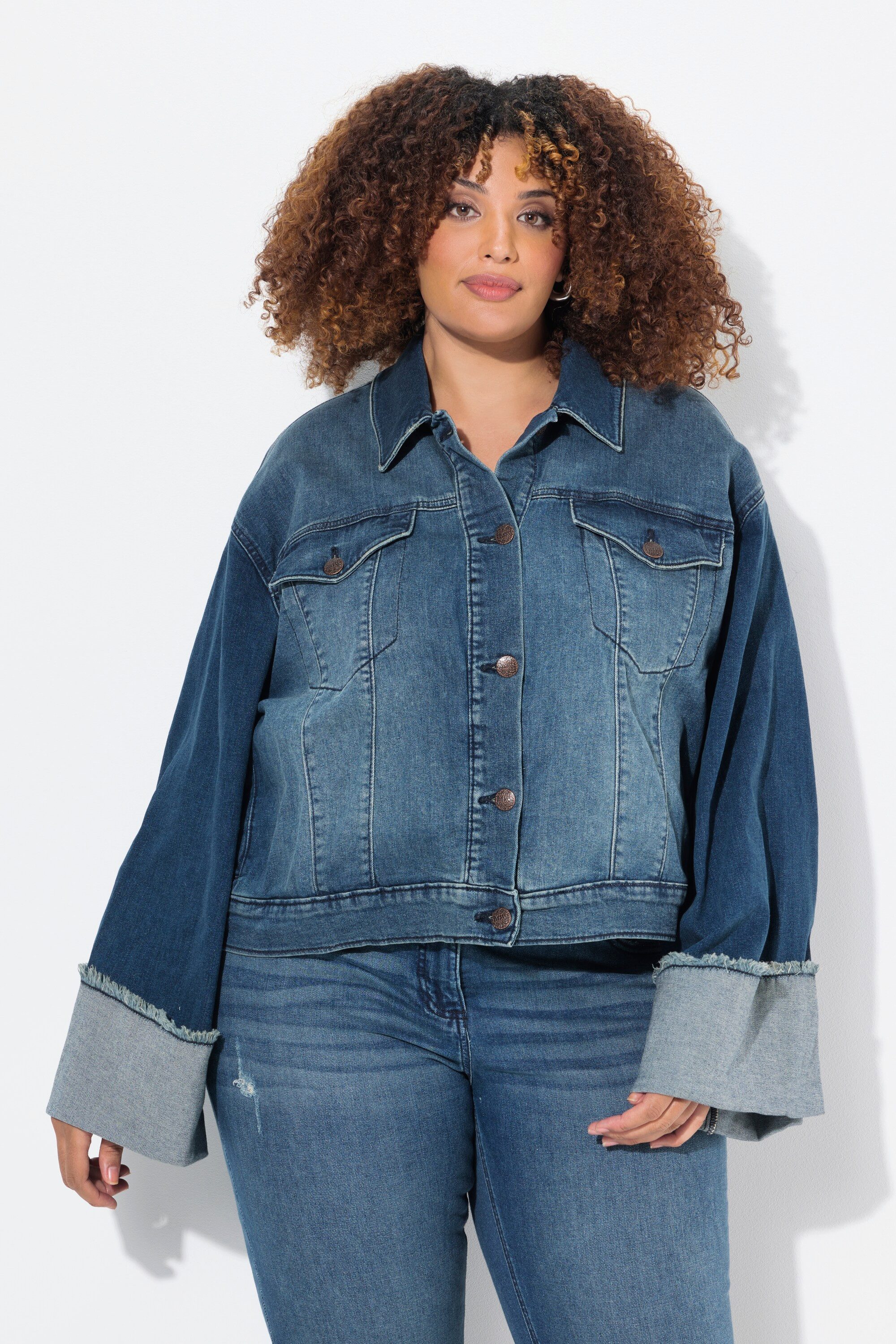 Ulla Popken Jeansjacke Jeansjacke Fransen Hemdkragen