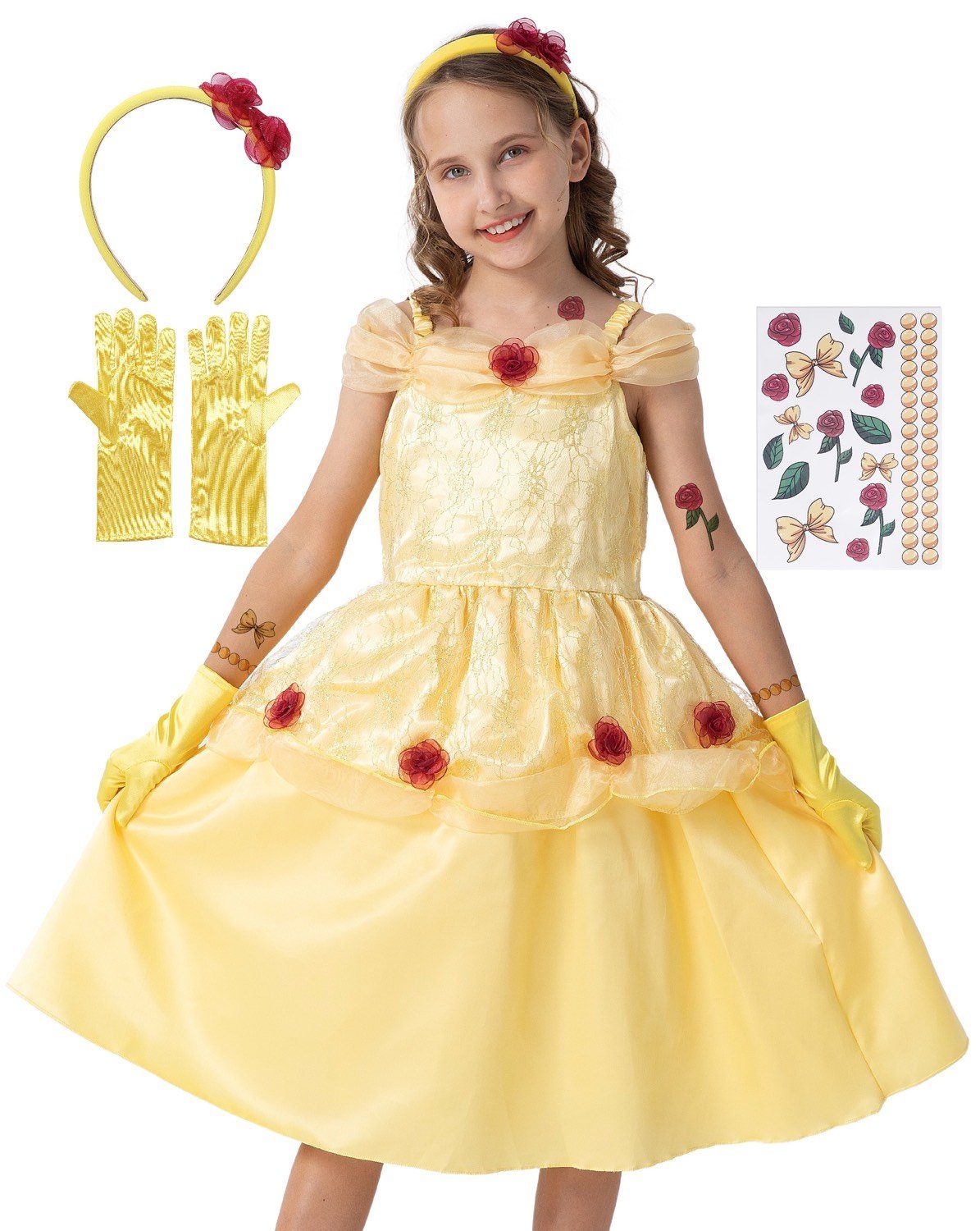 Prinzessin Belle Verkleidungskostüm Für Mädchen – Elegantes Kleid Mit Schleife & Rock, Perfekt Für Halloween, Karneval & Rollenspiel