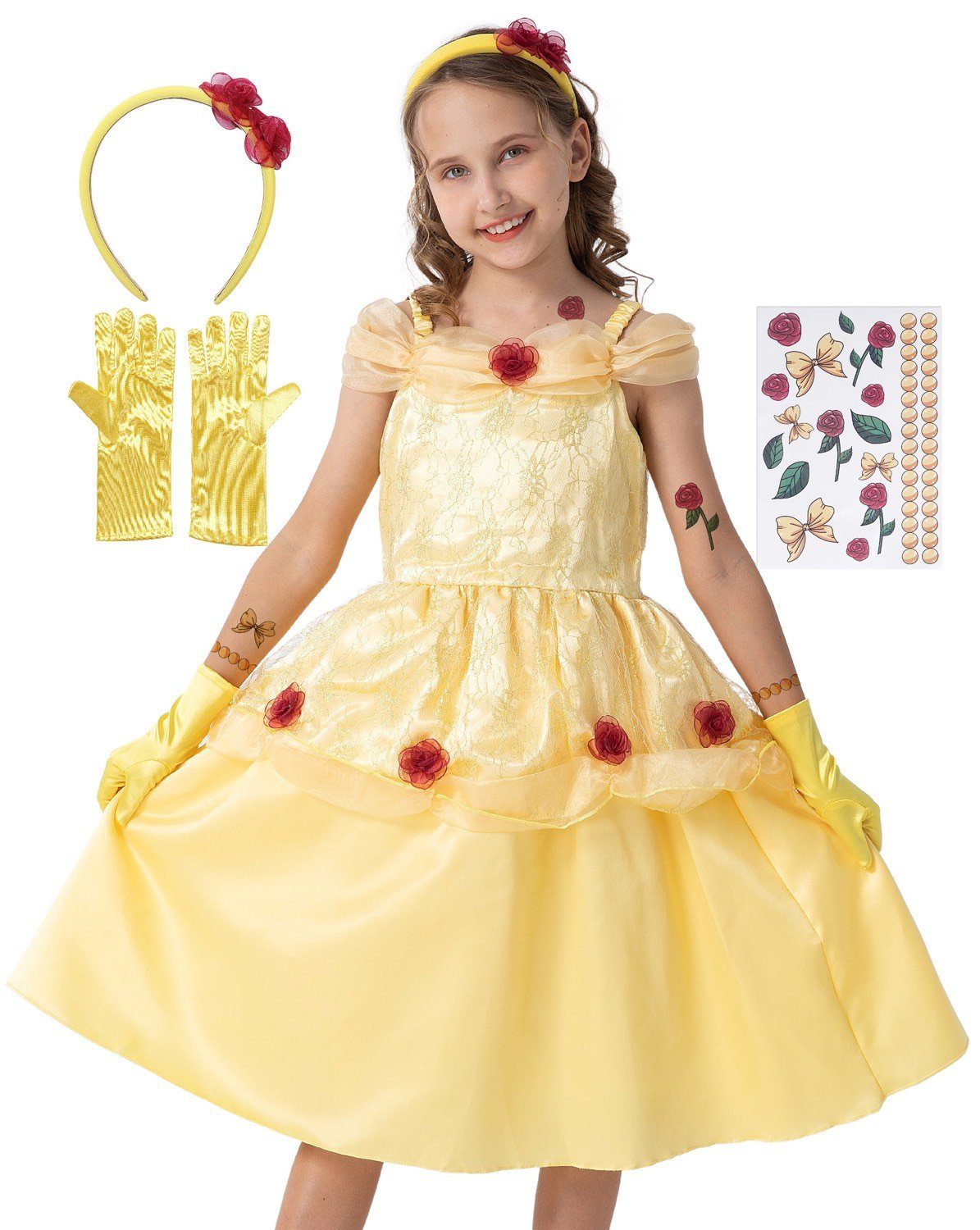 Corimori Prinzessin-Kostüm »Prinzessin Belle Kostüm Kleid für Kinder, mit«,  mit Tattoos, Handschuhe, Haarband, Karneval Fasching, Schöne und das Biest,  Geschenkidee Mädchen, gelb, gold, Rosen Kleid, Ballkleid online kaufen |  OTTO