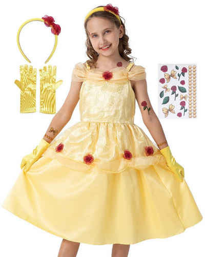 Corimori Prinzessin-Kostüm Prinzessin Belle Kostüm Kleid für Kinder,  mit, Tattoos, Handschuhe, Haarband, Fasching, Schöne und das Biest