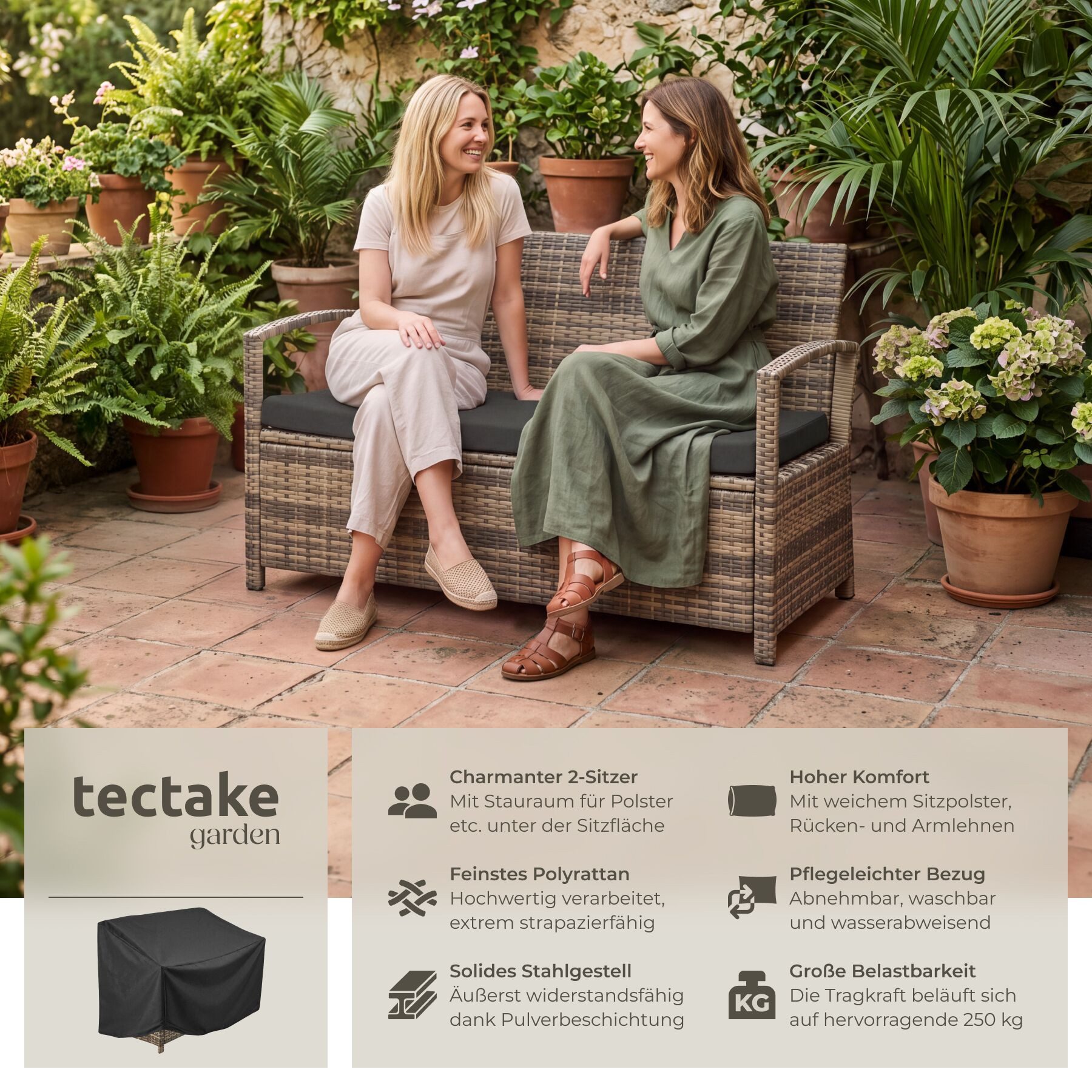 tectake Gartenbank Polyrattanbank wetterfest 2-Sitzer mit Stauraum und Schutzhülle (Gartenlounge Bank Vecchia, in Natur), Belastbarkeit 250 kg, Inkl. Sitzpolste – Bild 2 von 5