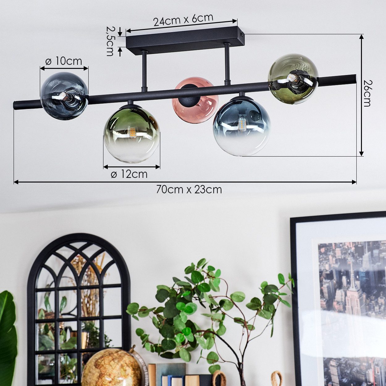 hofstein Deckenleuchte Deckenlampe aus Metall/Glas in Schwarz/Blau/Grün/Kupferfarben/Klar, Deckenleuchte im Retro/Vintage-Design (Schirme Ø 10; 12 cm), 5 x G9