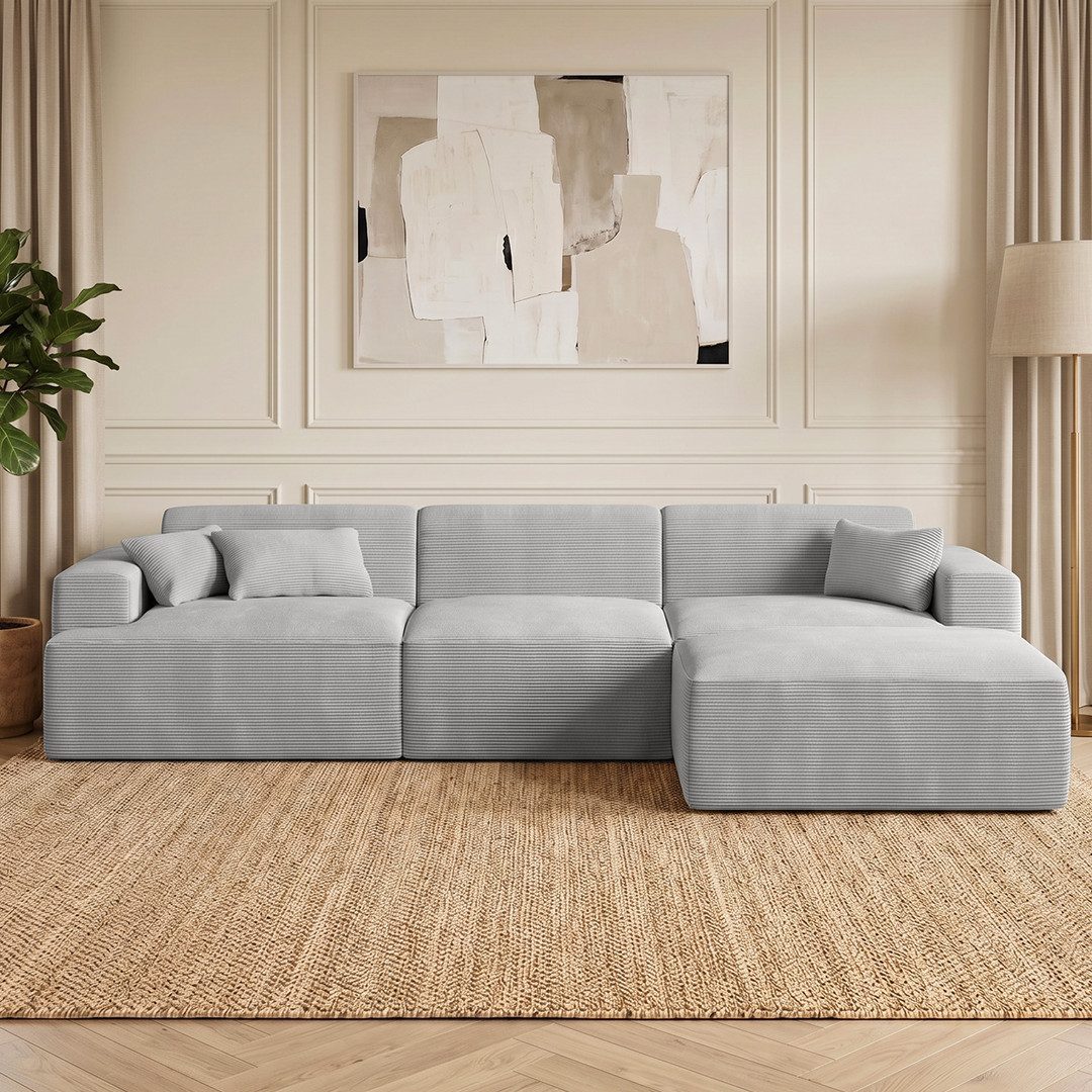 skølm Sofa Freki aus Cord, Vollschaumcouch mit Federkern und Vakuum-Kompression, Grau, Couch 3 Sitzer mit Hocker und 3 Kissen, kein Aufbau erforderlich, 319 cm breit, gepolstert, vakuumiert