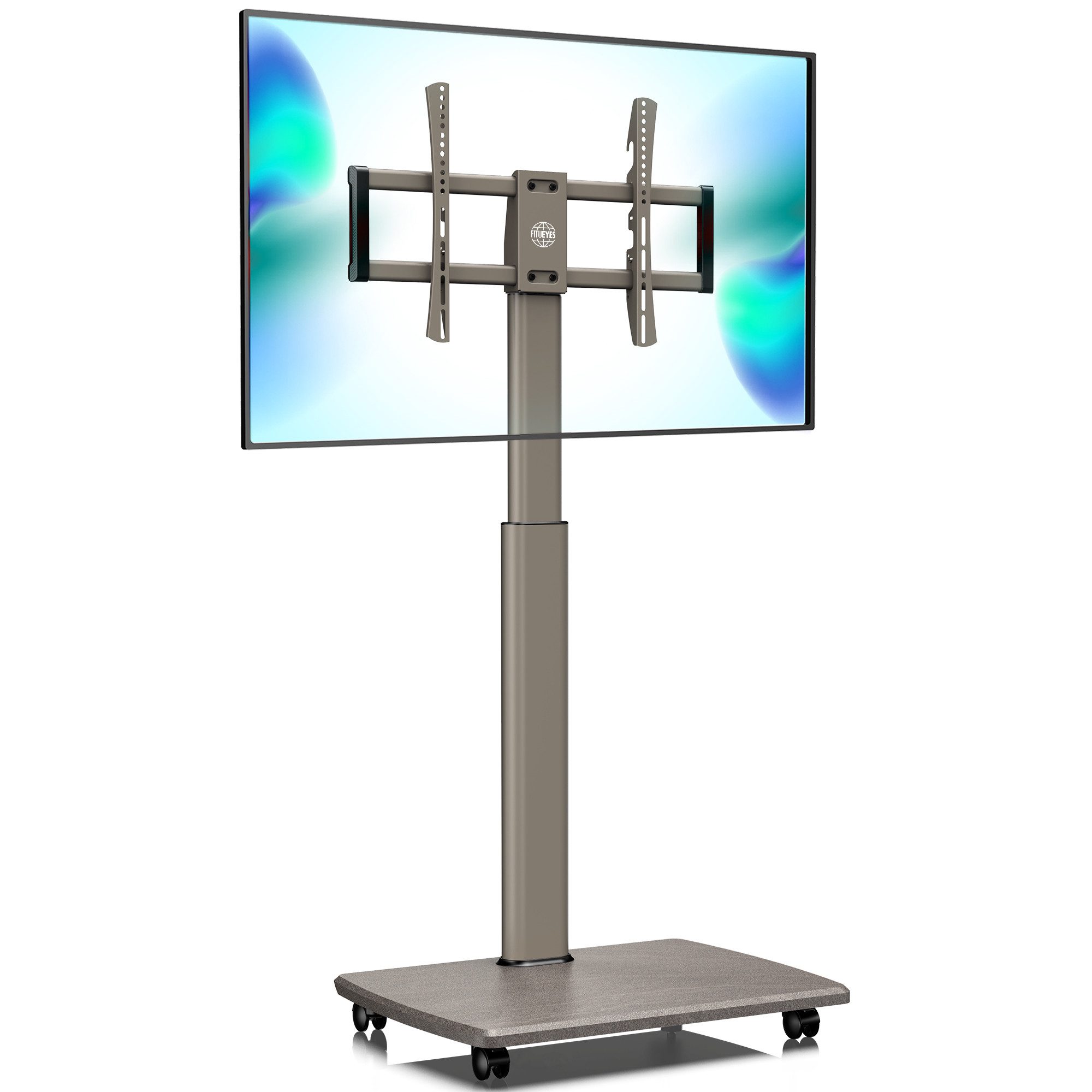 FITUEYES TV-Ständer mit Rollen, ±30° schwenkbar, höhenverstellbar, 32-70 Zoll, (bis 70 Zoll, mit Holzbasis, Kabelmanagement)