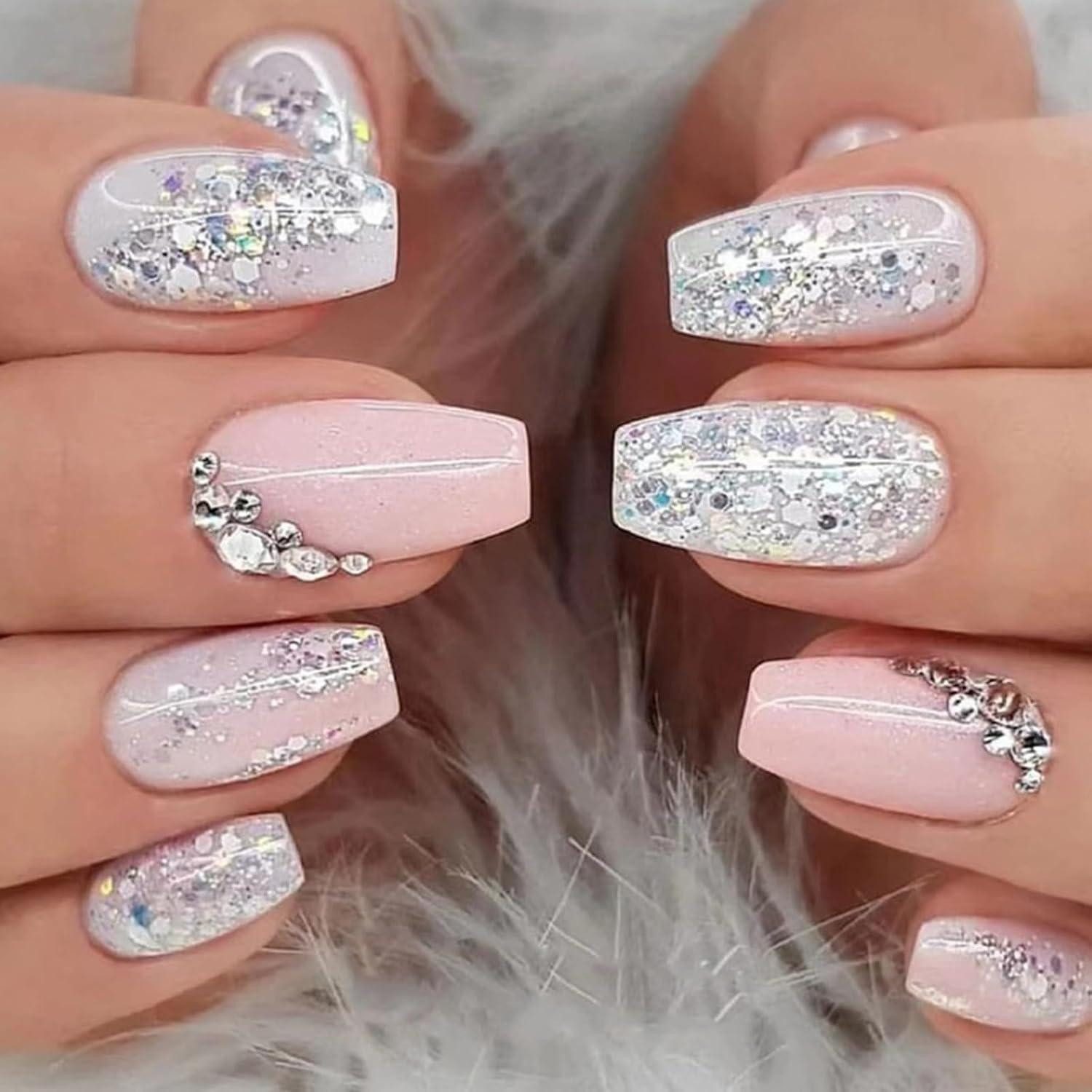 LuxusKollektion Kunstfingernägel 24 Stück Press on Nägel Set Natürliches Acryl mit Strass, Mittel Sarg