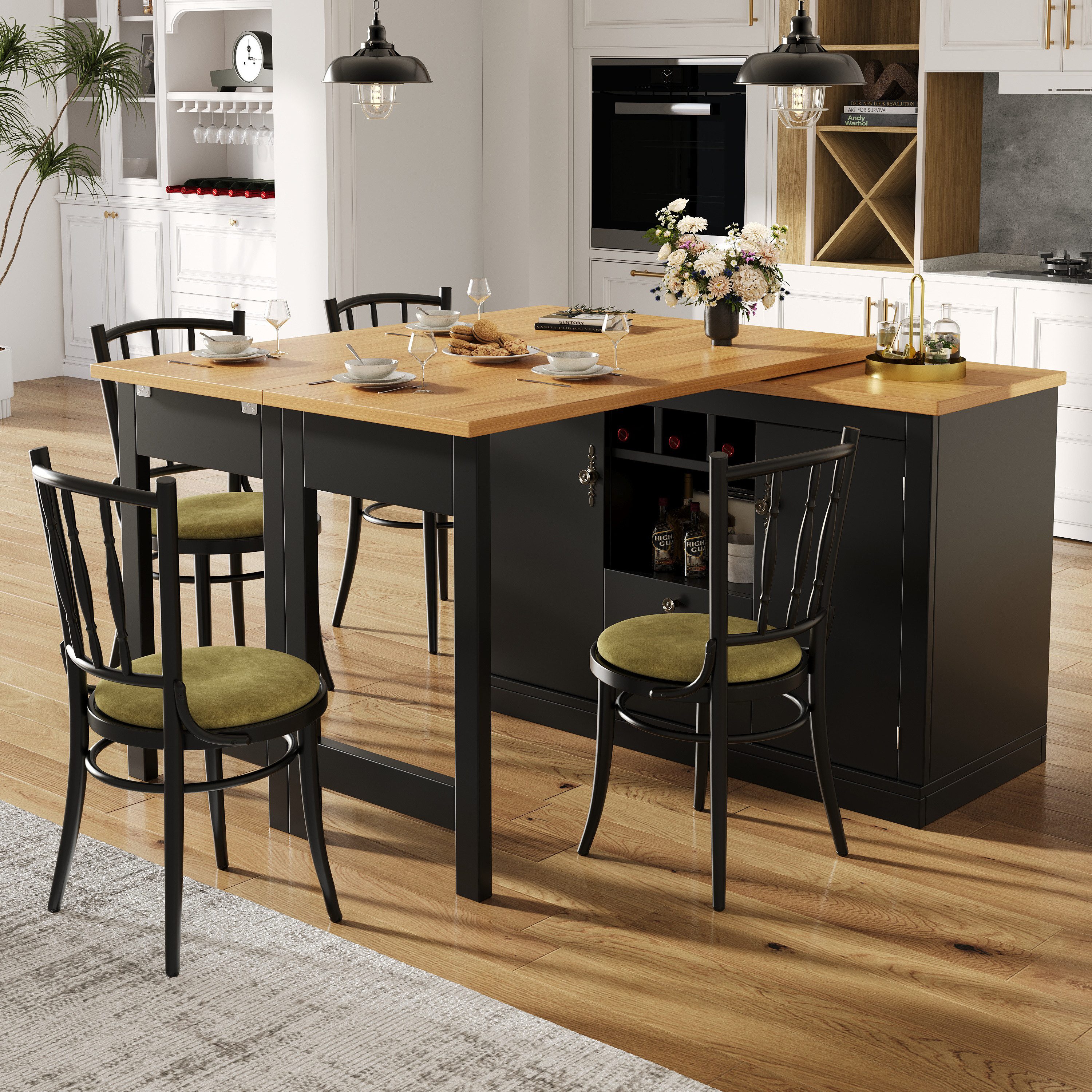 KLAM HOME Bartisch Hochwertiger Ausziehbarer Bartisch mit 360° Drehfunktion und Stauraum (schwarzer ausziehbarer Design-Stehtisch), Längenverstellbar von 120-180cm, Wohnzimmer, Esszimmer, Homeoffice
