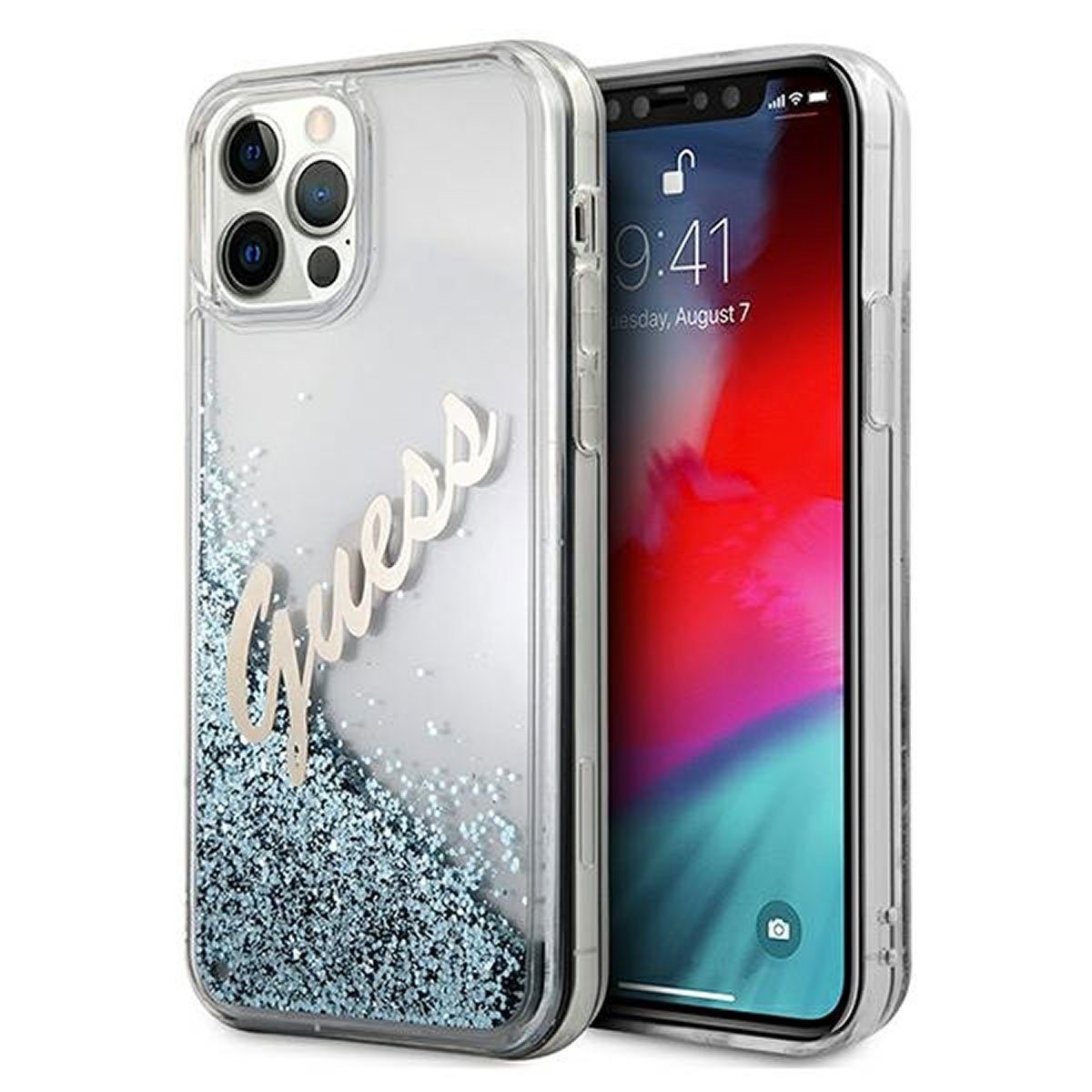 Guess Handyhülle Guess Apple iPhone 12 / 12 Pro Blau Glitter Vintage Script Glitzer Hard Case Cover Schutzhülle Etui