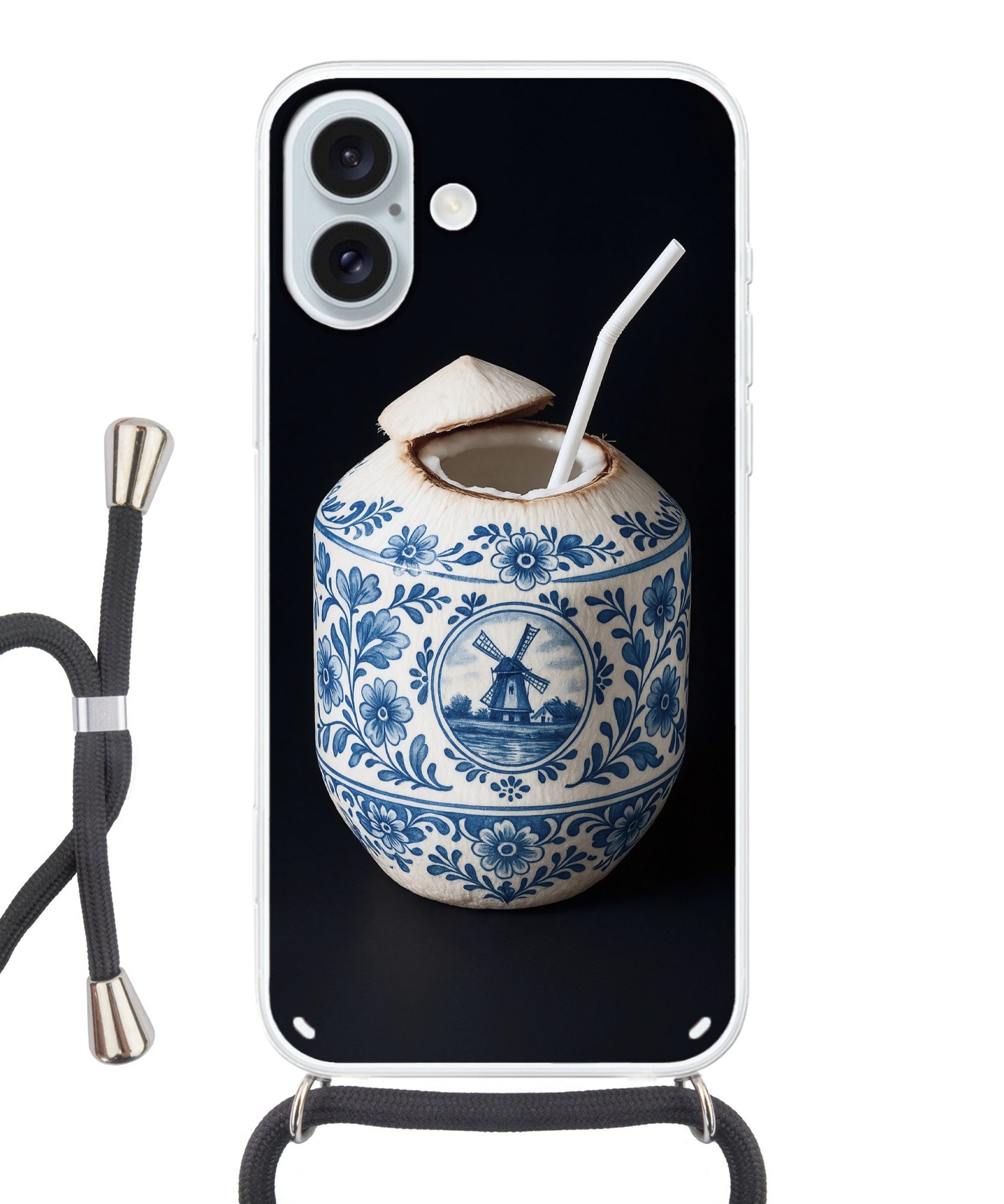 MuchoWow Handyhülle für Apple iPhone 16 Plus Kokosnuss - Lebensmittel - Delfter Blau - Get, Tragbare Handyhüllen mit Kette zum umhängen, Handykette Handyband