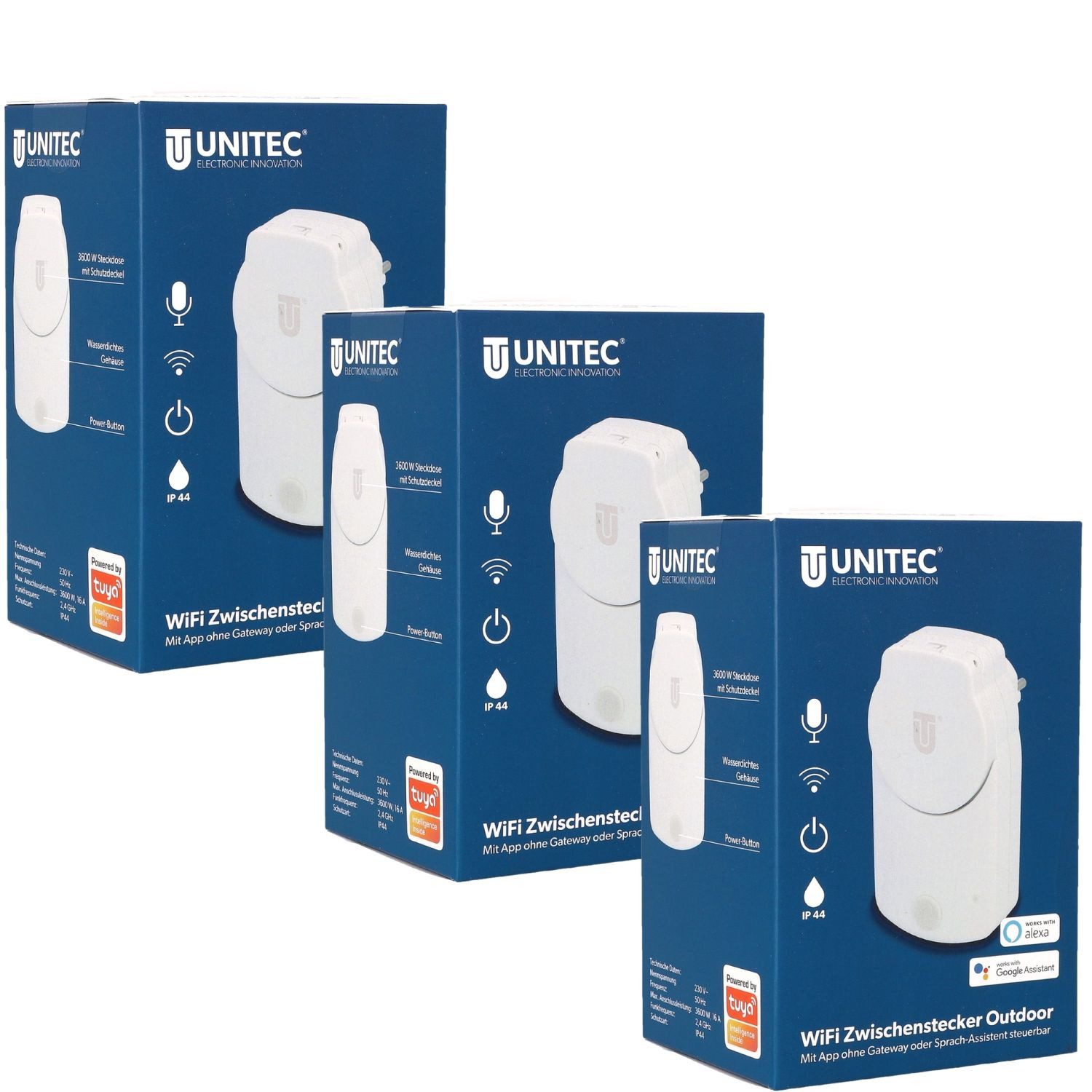 UNITEC WLAN-Steckdose Set 3x Smart Steckdose WLAN Outdoor IP44 Weiß, 3x Stecker, Außen Stecker Zwischenstecker Zeitschaltuhr Alexa Hey Google Tuya App