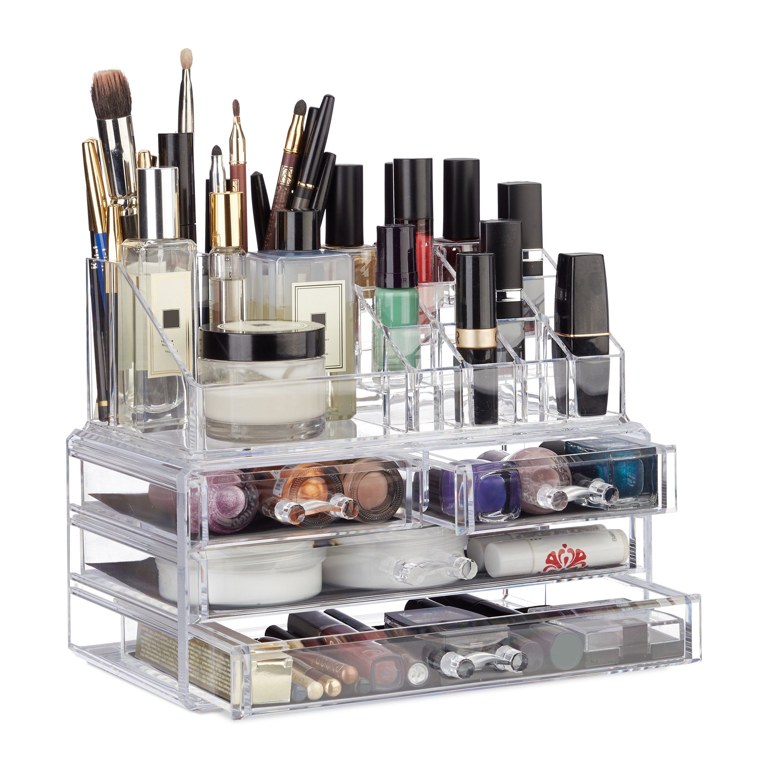 relaxdays Make-Up Organizer mit 4 Schubfächern, 2-tlg., transparent