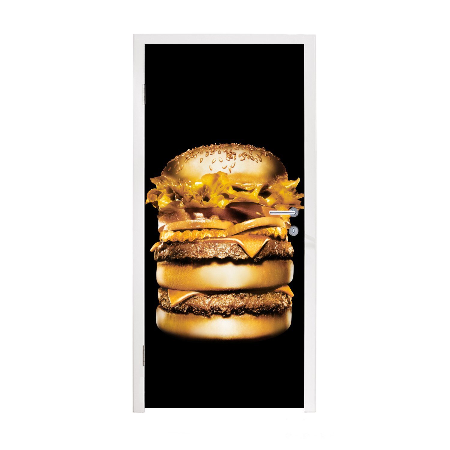 MuchoWow Türtapete Goldener Hamburger auf schwarzem Hintergrund., Matt, bedruckt, (1 St), Fototapete für Tür, Türaufkleber, 75x205 cm