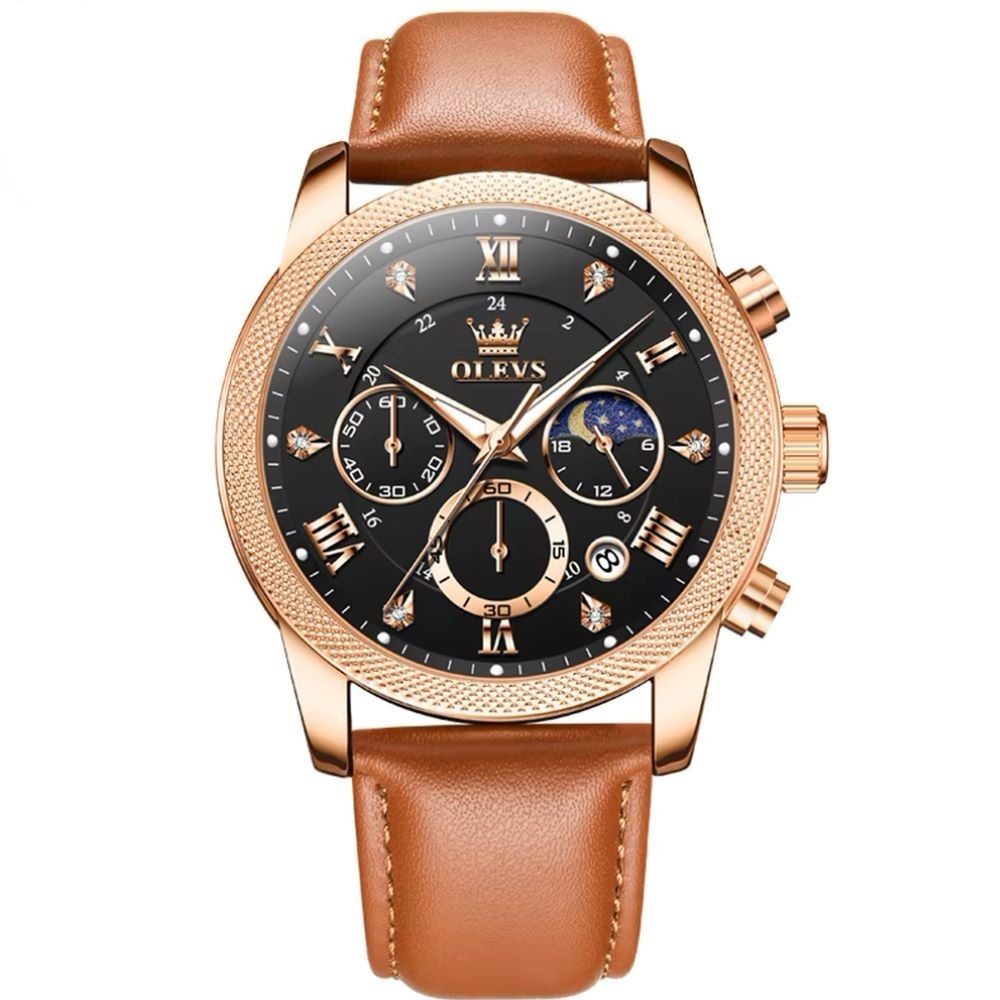 Quarzuhr OLEVS 3660 Herren-Quarzuhr Chrono Leder Zifferblatt Schwarz 3660