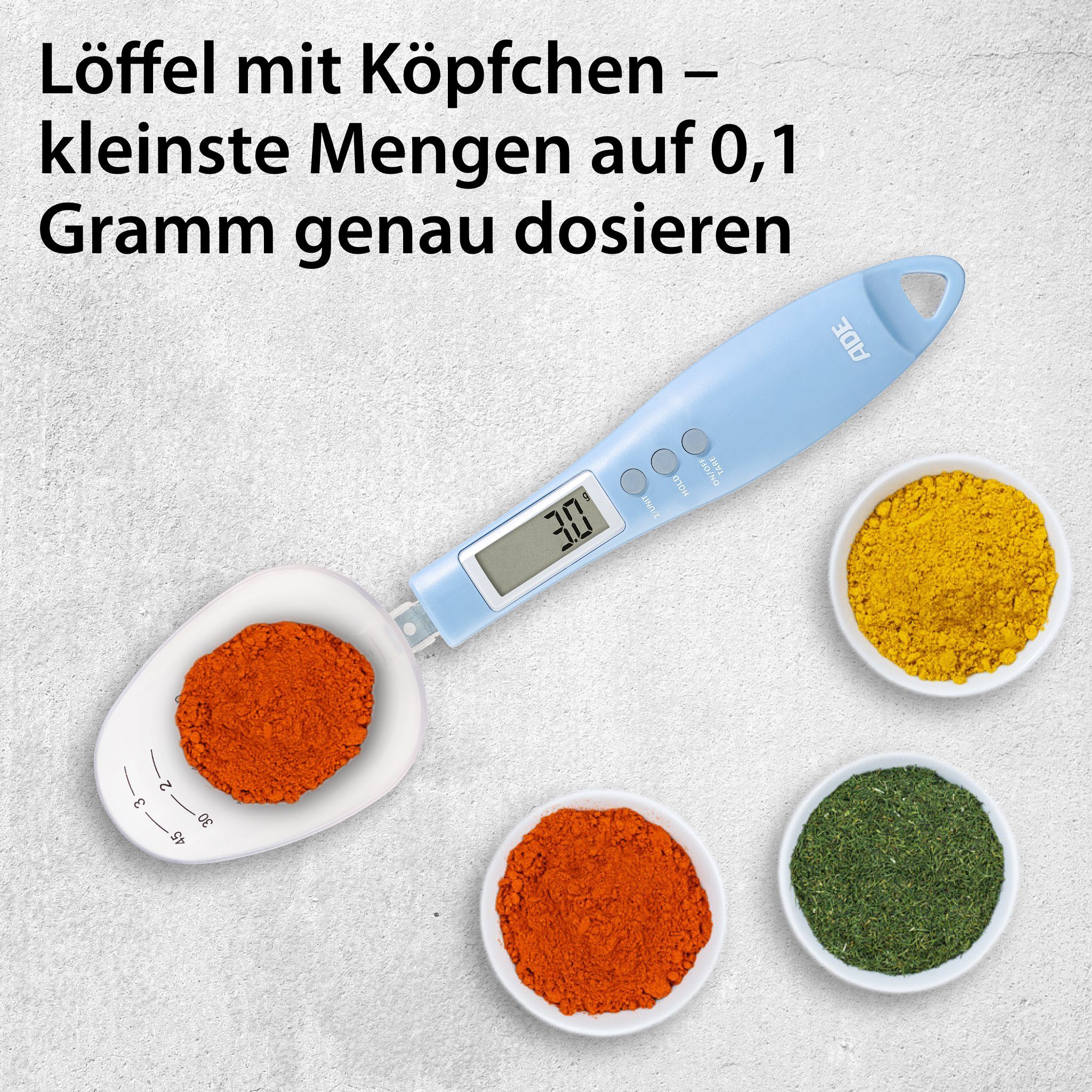 ADE Löffelwaage Digitale Löffelwaage mit abnehmbaren Löffelaufsatz, mit 0,1 g Einteilung, für Gewürze, Kaffee, Tee, Tierfutter bis 300g