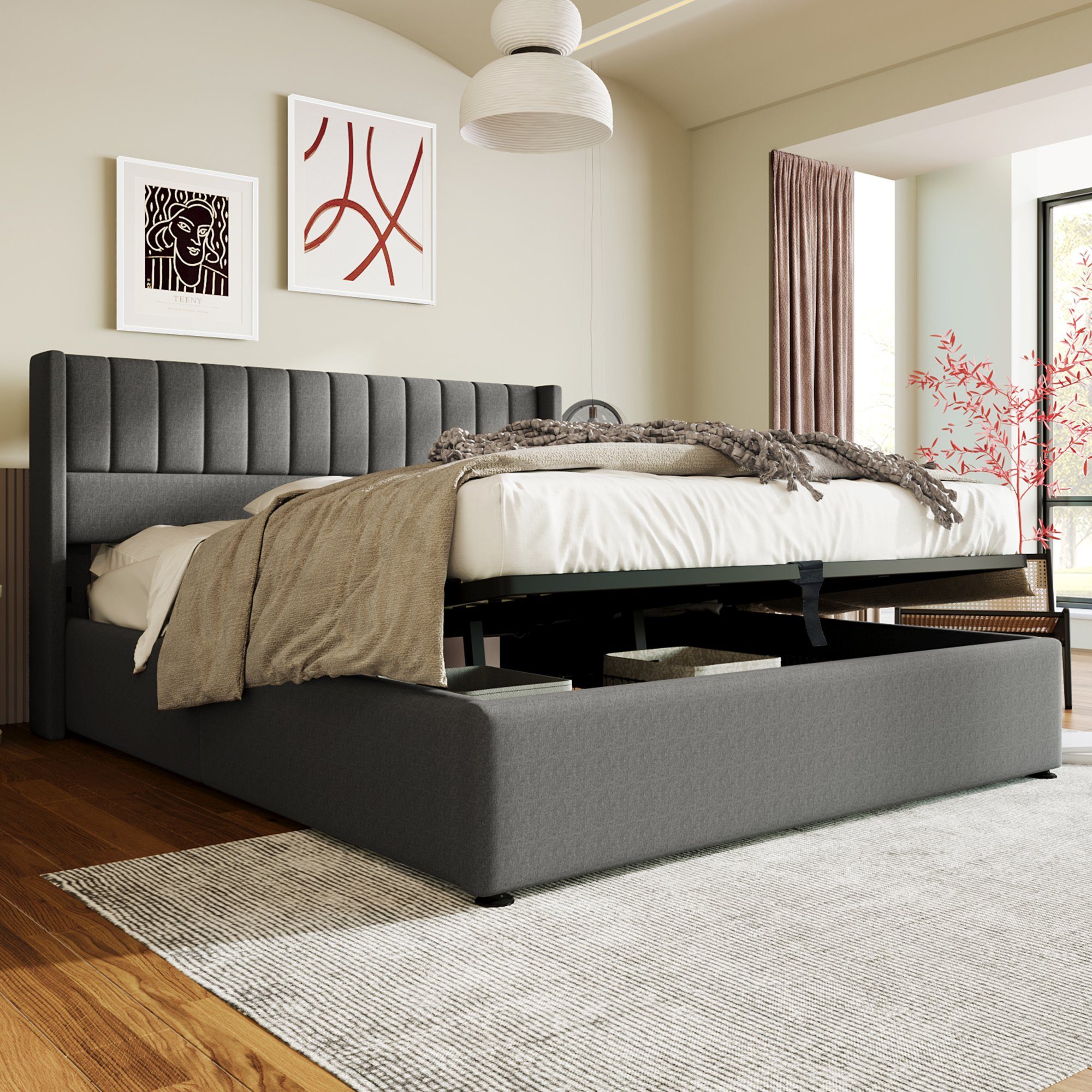 REDOM Polsterbett Stauraumbett Doppelbett (180x200cm Grau Leinen ohne Matratze), Bett mit Lattenrost aus Metallrahmen, Lattenrost aus Holz