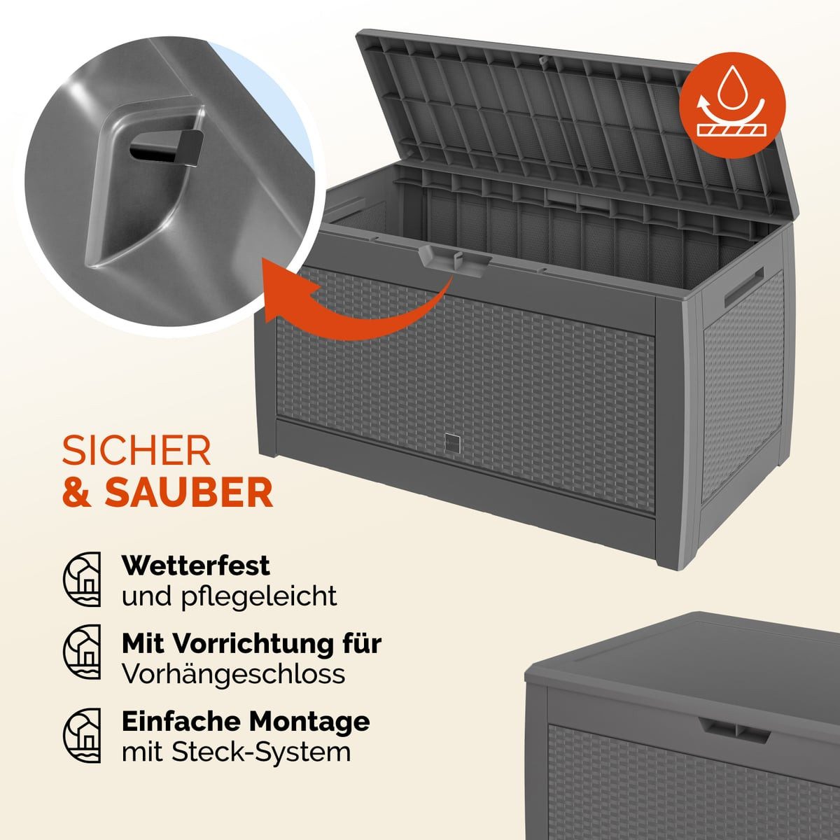 Casaria Auflagenbox Rato, UV-beständig 310L Haltegriffe Balkon Wohnzimmer Rattan-Optik Grau