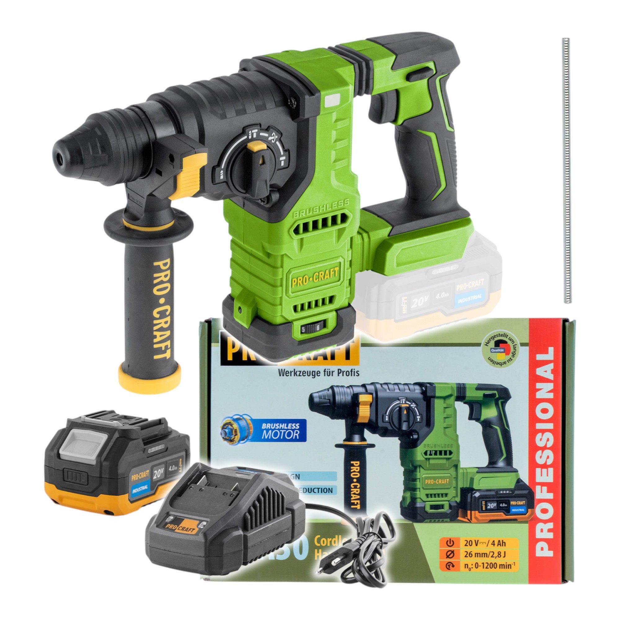 PRO CRAFT Akku-Bohrhammer PHA30-1B Akku Bohrhammer 20V 2,8J SDS plus + 1x Akku 4,0Ah + Ladegerät