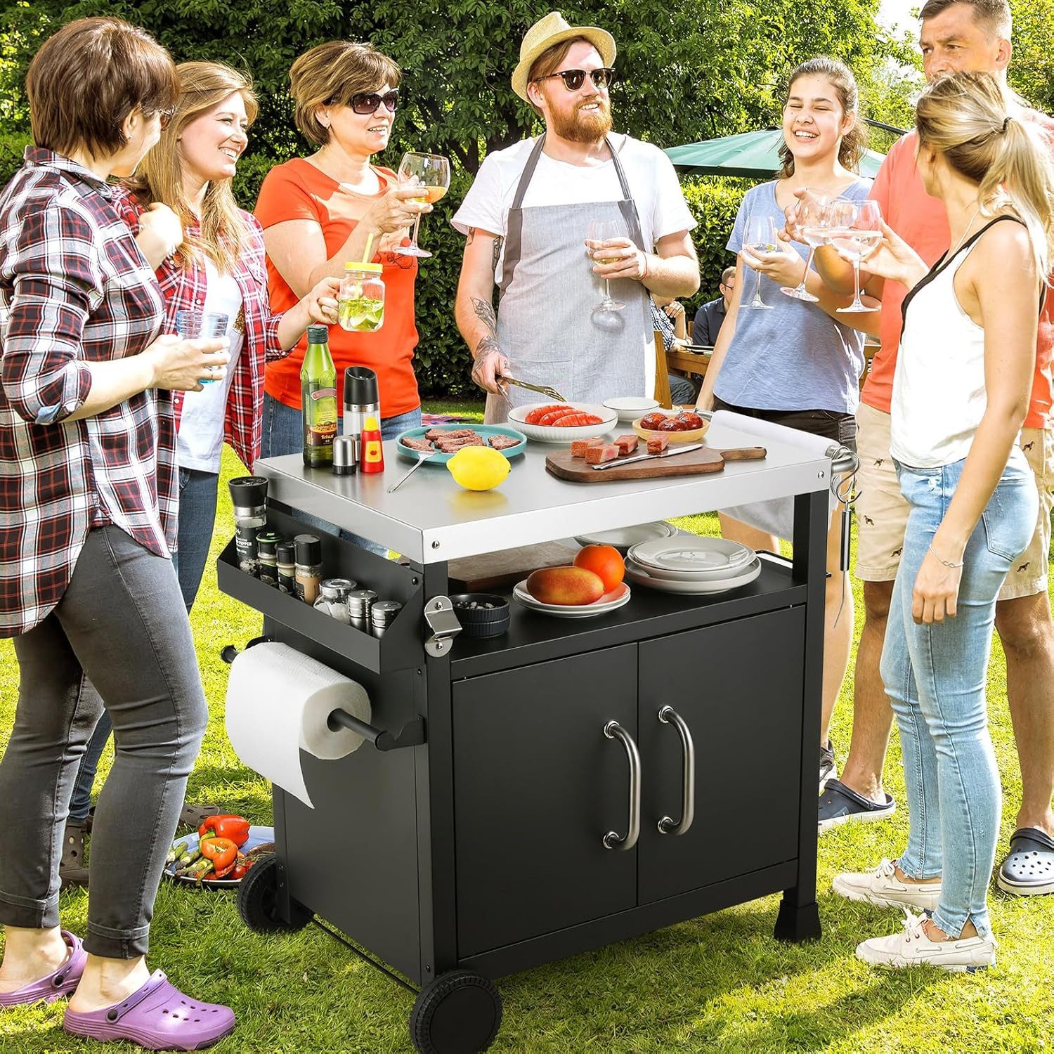 TLGREEN Grillablagetisch, Edelstahl Servierwagen 3-Etagen (92.5 x 58 x 82 cm Küchenwagen Edelstahl), Küchentrolley mit Schrank Rollen Haken,BBQ Beistellwagen Küchenwagen