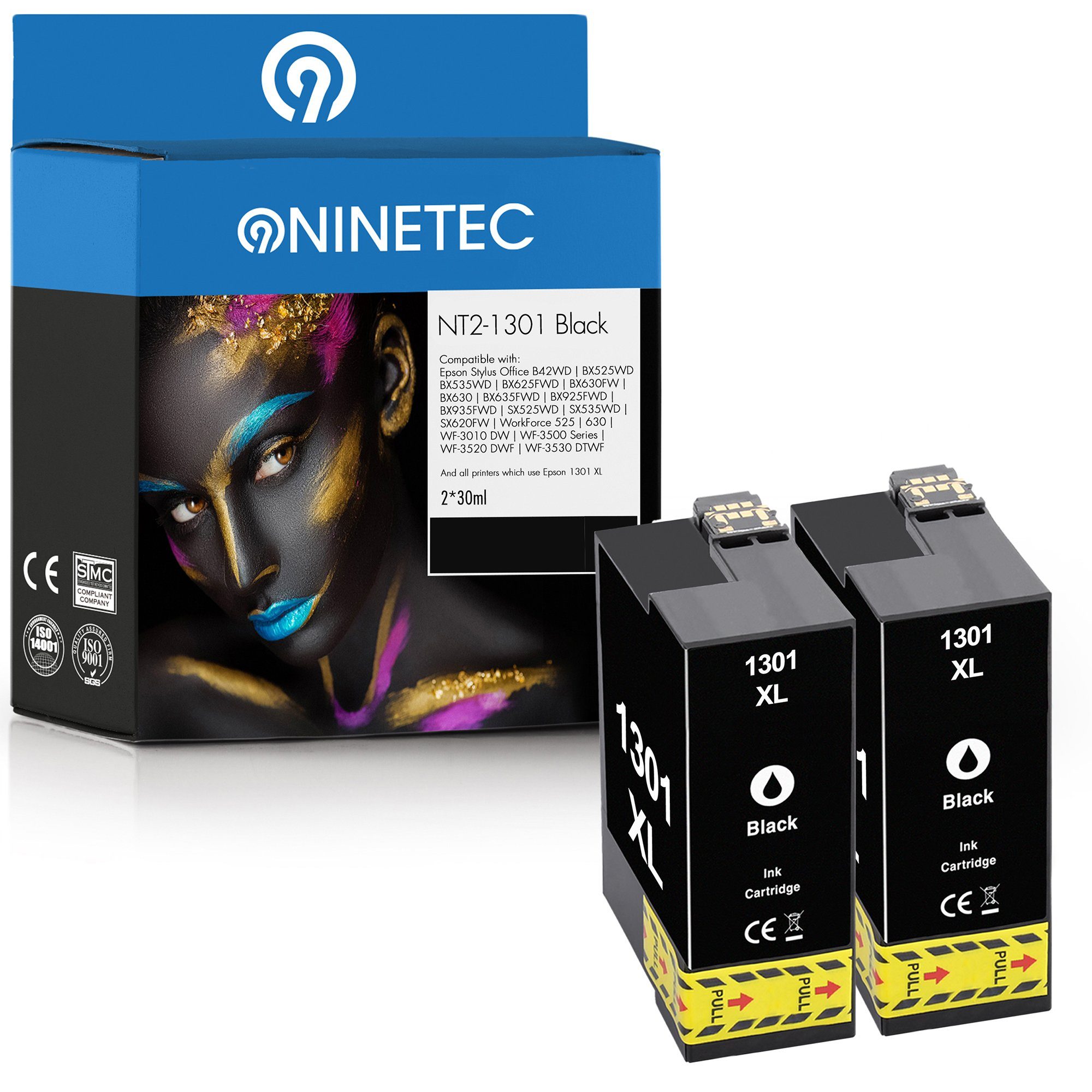 NINETEC 2er Set ersetzt Epson T1301 T 1301 Black Tintenpatrone