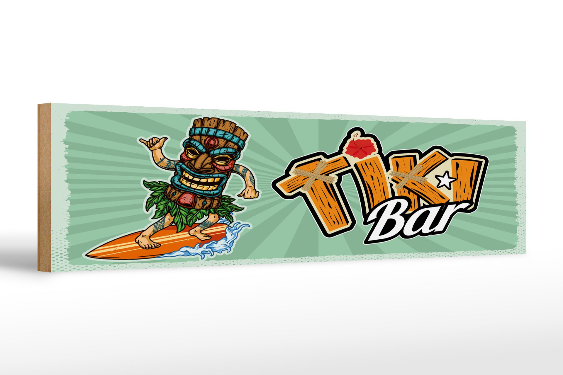 Femer GmbH Holzbild Hinweis 46x10 cm Tiki Bar Surfer, (1 St), Glatte Holzfaserplatte (MDF), vorn beschichtet