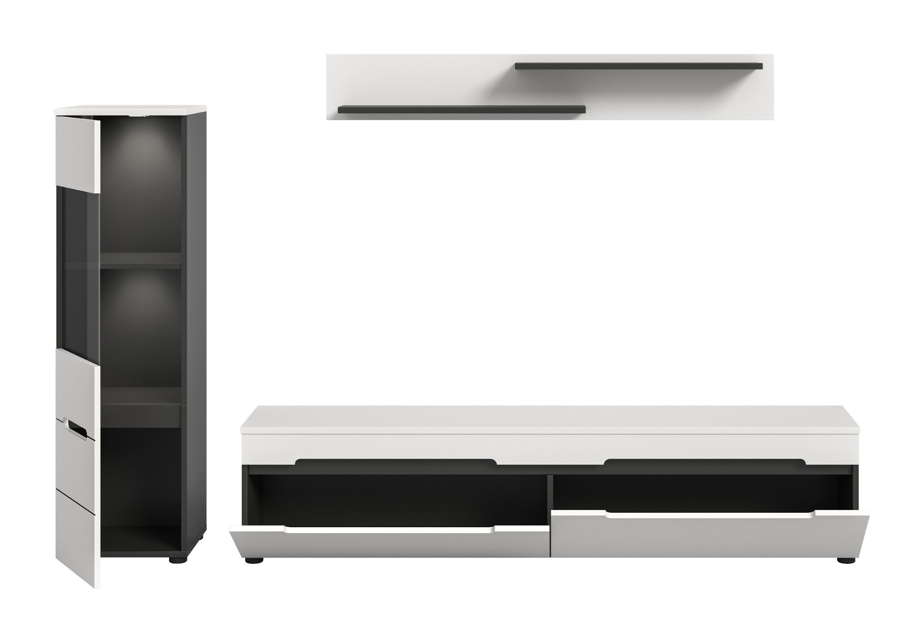 xonox.home Wohnwand Canu, (3tlg. Set inkl. Vitrine, Lowboard, Wandboard), Basalt grau Melamin beschichtet modern 221x141x33 cm