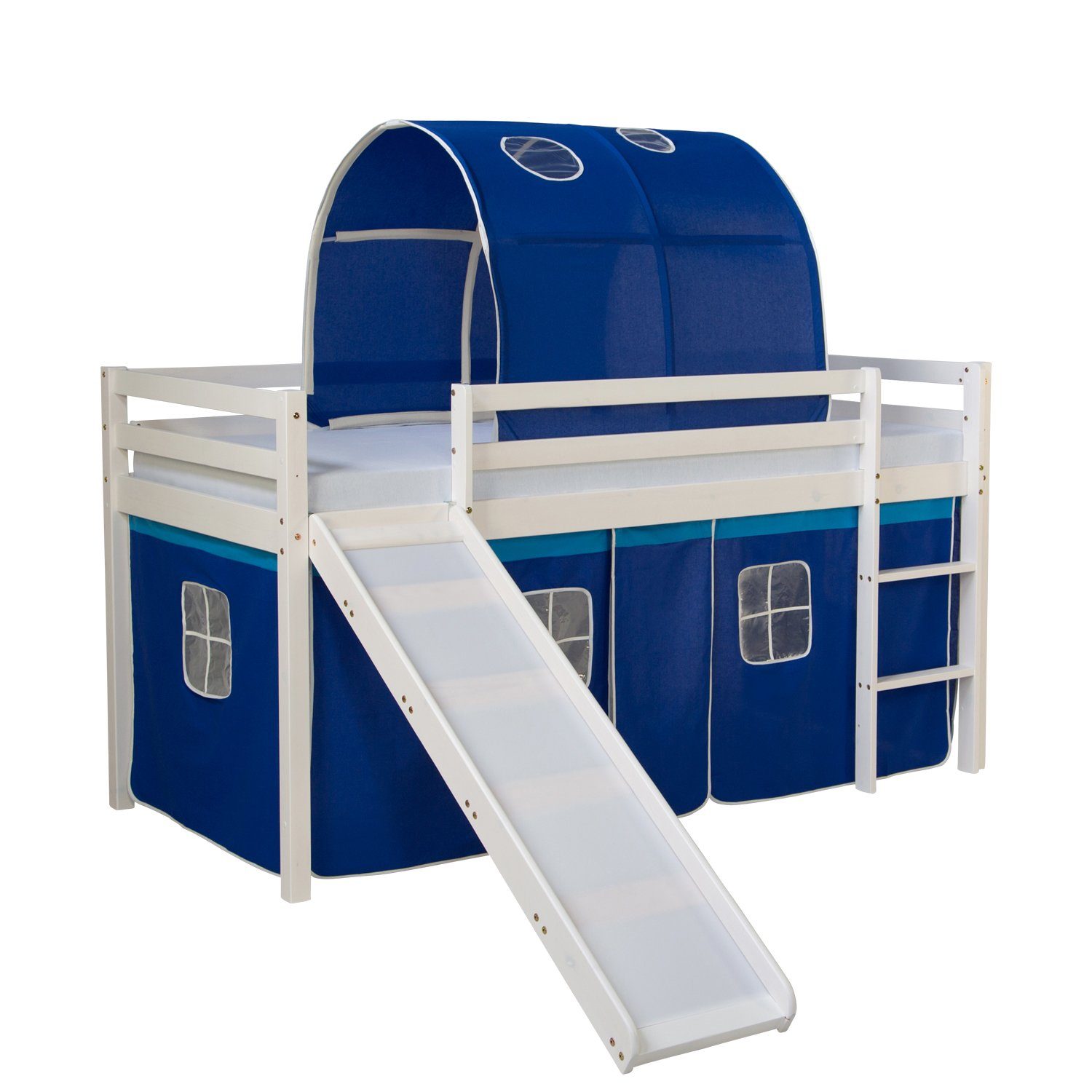 Homestyle4u Hochbett 90x200 mit Vorhang Lattenrost Matratze Rutsche Tunnel günstig online kaufen
