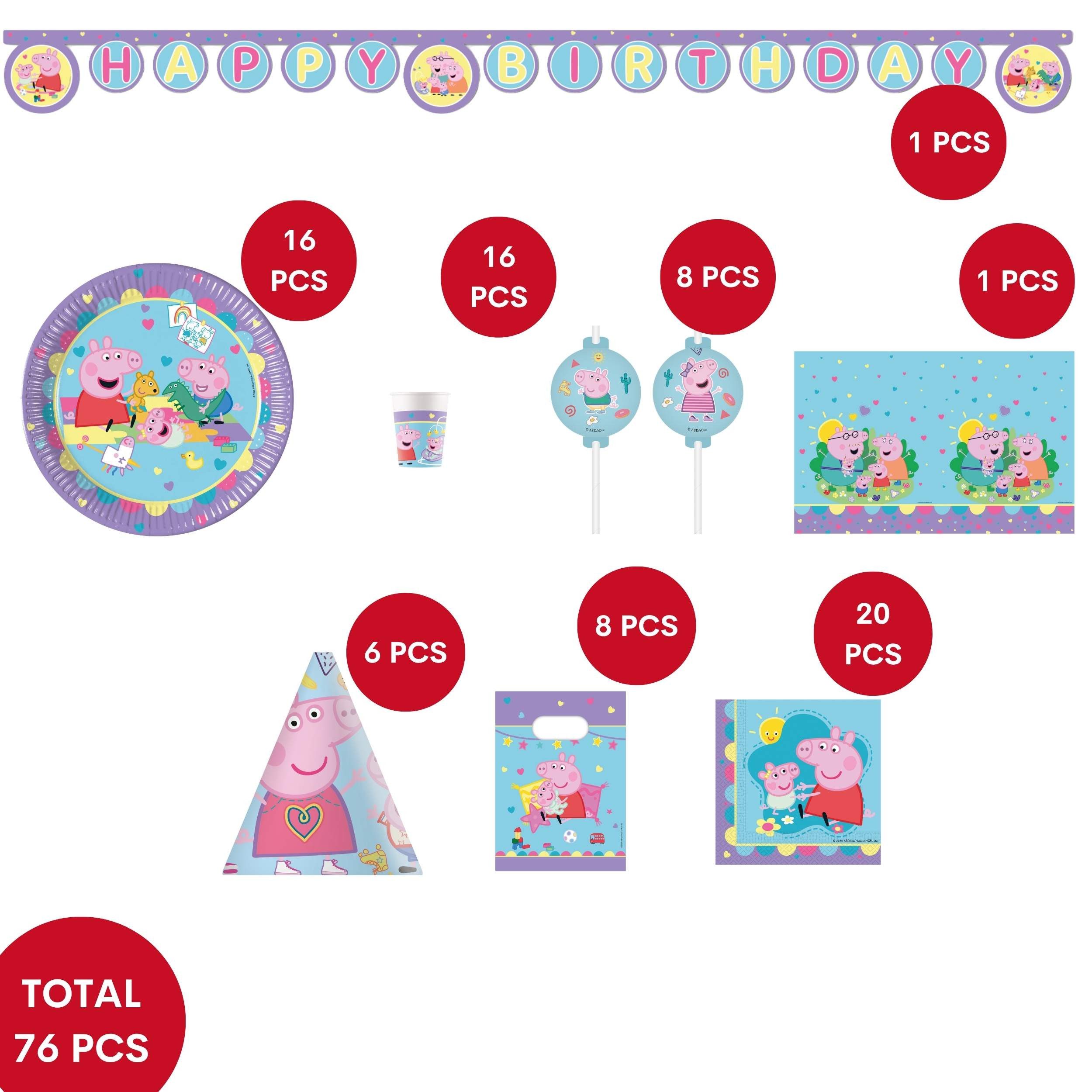 Procos Einweggeschirr-Set 76-tlg. Peppa Pig Made With Love Partyset für Kindergeburtstag, 16 Personen