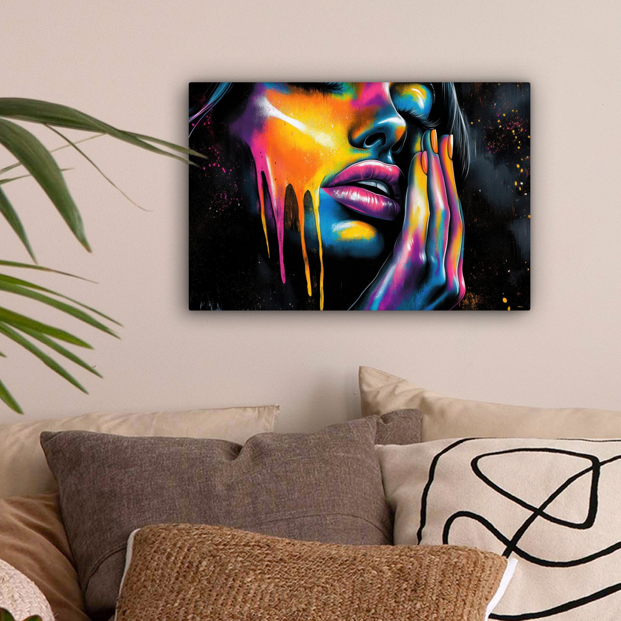 OneMillionCanvasses® Leinwandbild Frau - Gesicht - Farbe - Künstlerisch, Fotodruck (1 St), Leinwand Bilder Klein, Wand Dekoration Aesthetic 30x20 cm