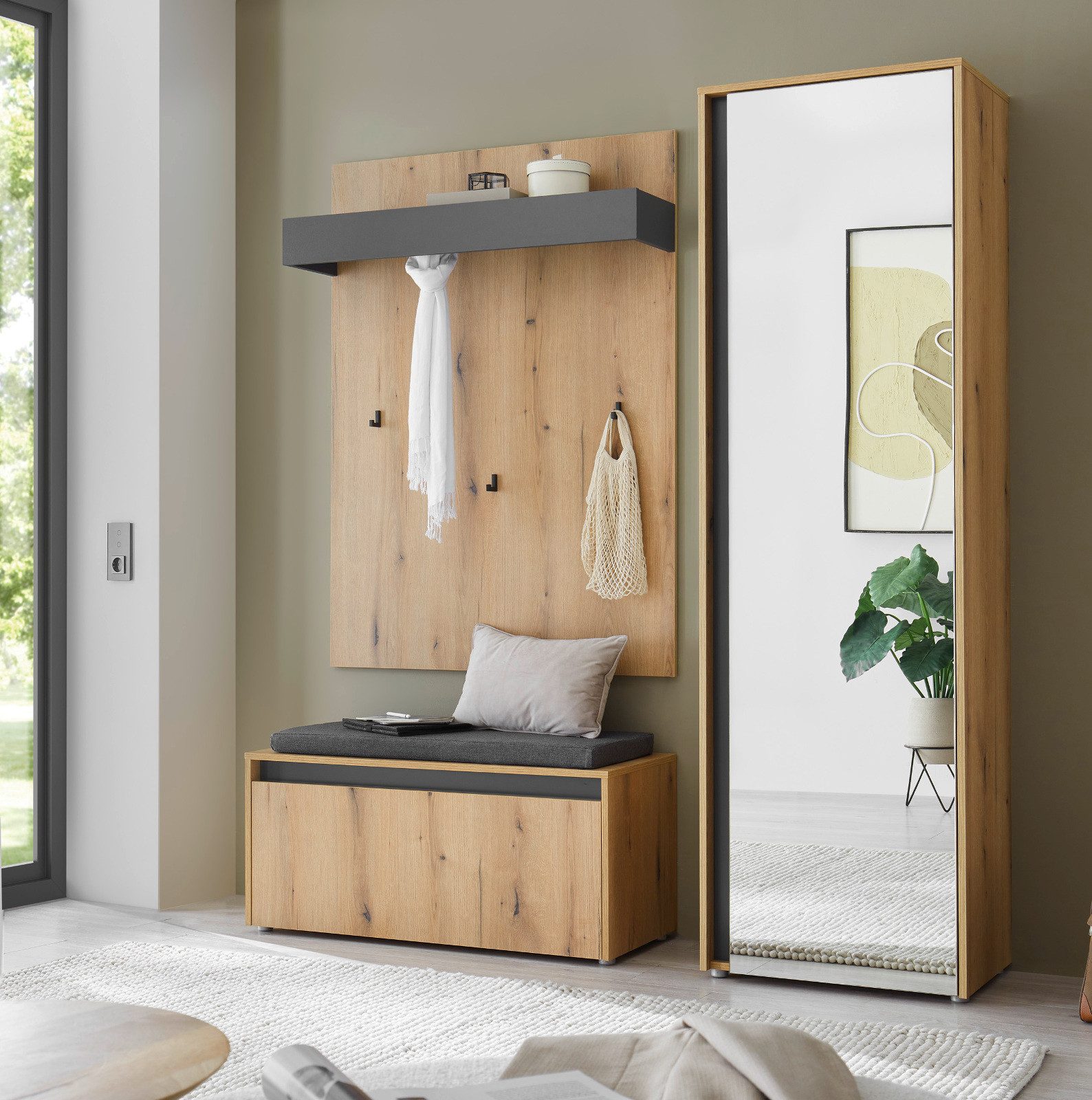 Furn.Design Garderobenschrank Center (Flurgarderobe mit Spiegelfront in Eiche und Grau, 60 x 200 cm) mit großer Spiegeltür