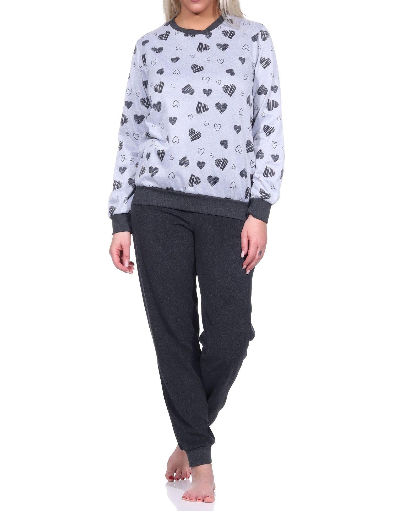 Pyjama Damen Frottee Schlafanzug mit Bündchen Pyjama in Herz Optik
