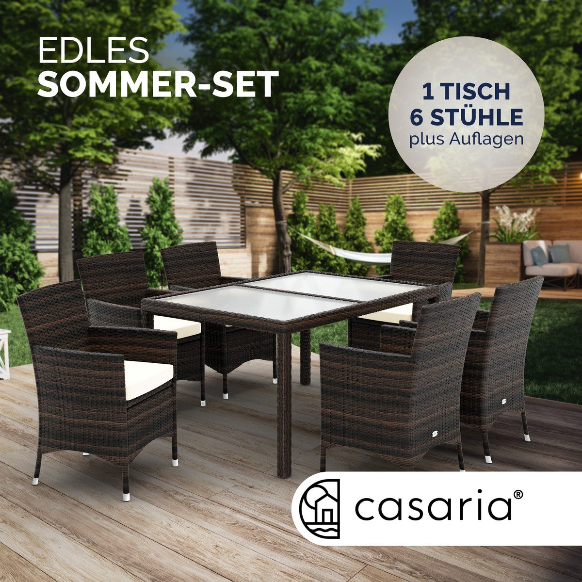 Casaria Garten-Essgruppe 6+1, Gartenmöbel Set 6 Stühle inkl. 7cm Polster Tisch 150x90cm braun
