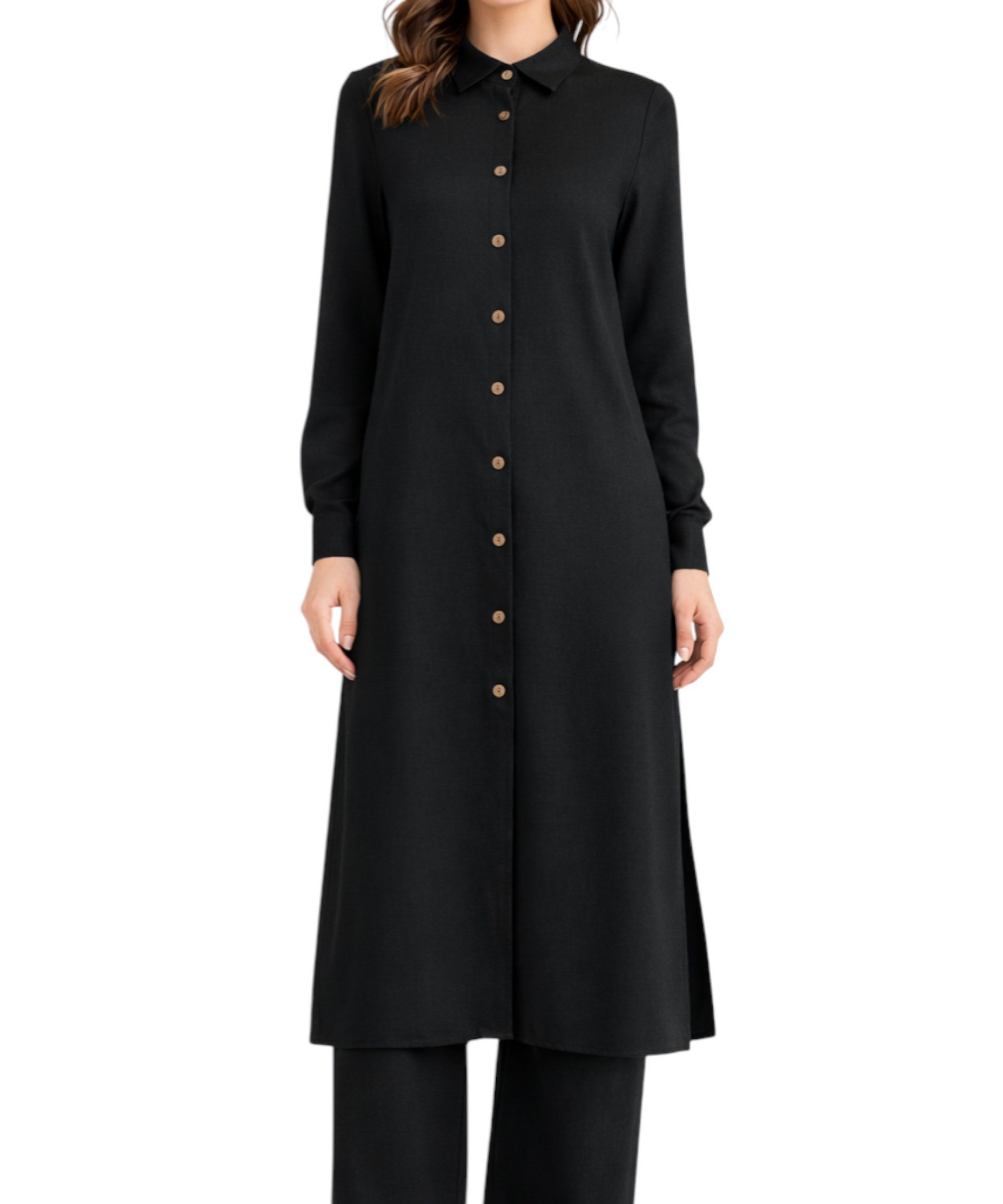 fashionshowcase Longtunika mit Kragen und Knöpfen - Tunika in Leinenoptik - Modest Fashion