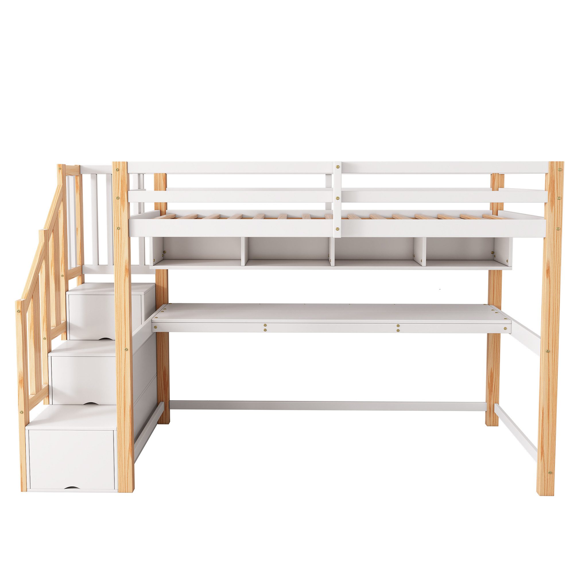 Flieks Hochbett Kinderbett mit Regale, Schreibtisch und Stauraumtreppe 90x200cm – Bild 5 von 5