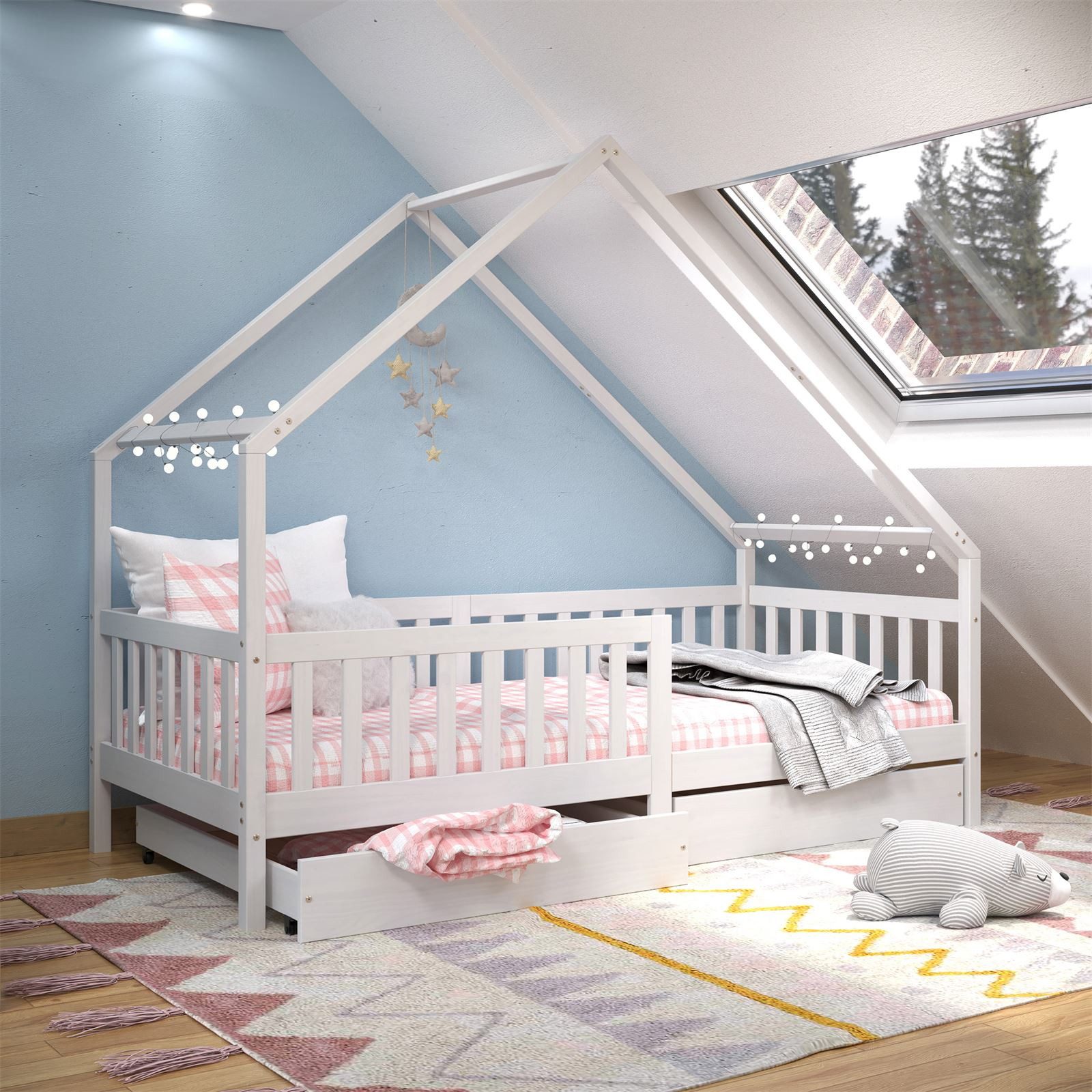 IDIMEX Hausbett ALVA, Hausbett Montessori Kinderbett 90 x 200 Kiefer 2 Schubladen