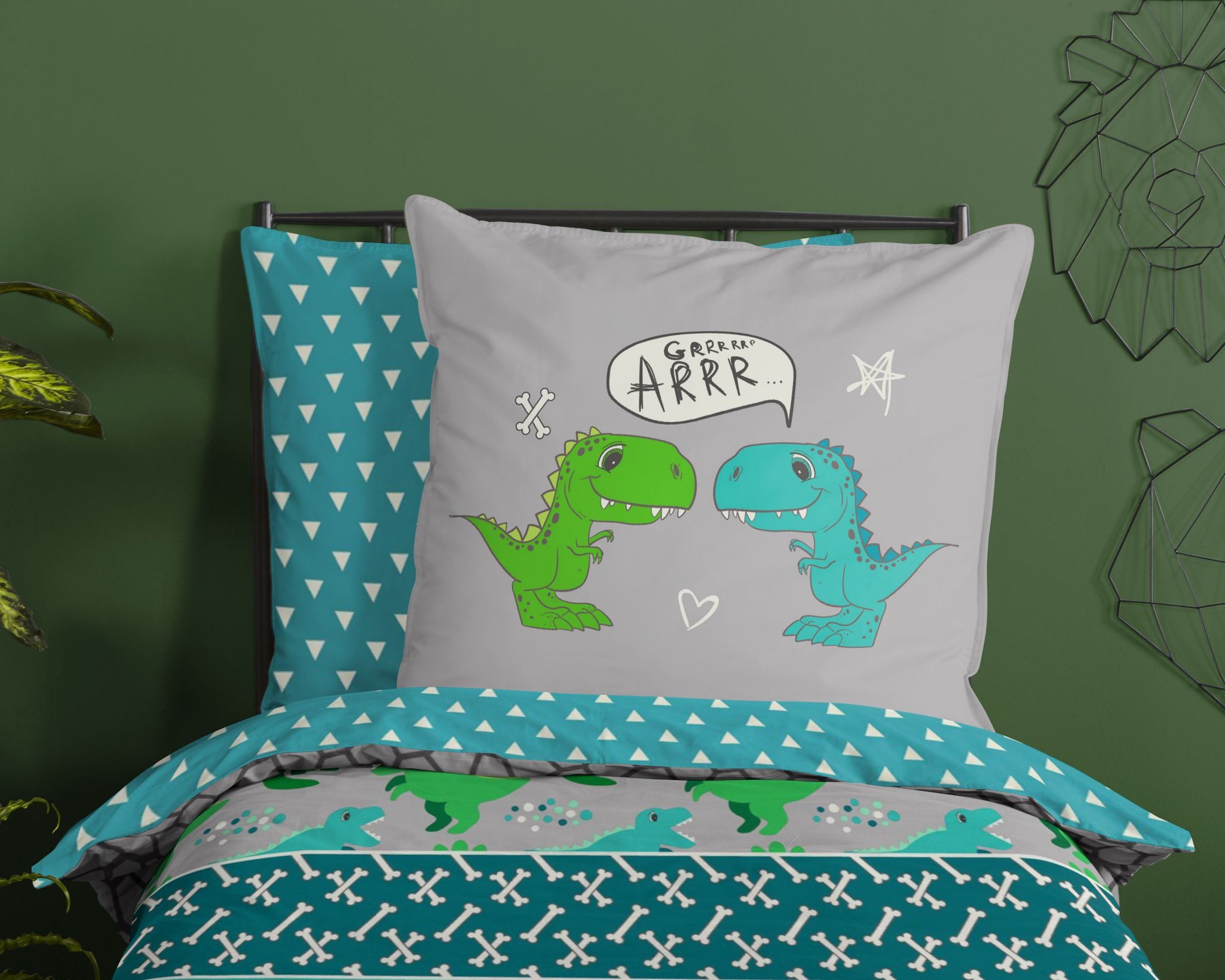 JACK Bettwäsche 135x200cm Moderne Dinosaurier Welten, Renforcé, 2 teilig, mit coolen Mustern in grün, grau und blau – Bild 3 von 5