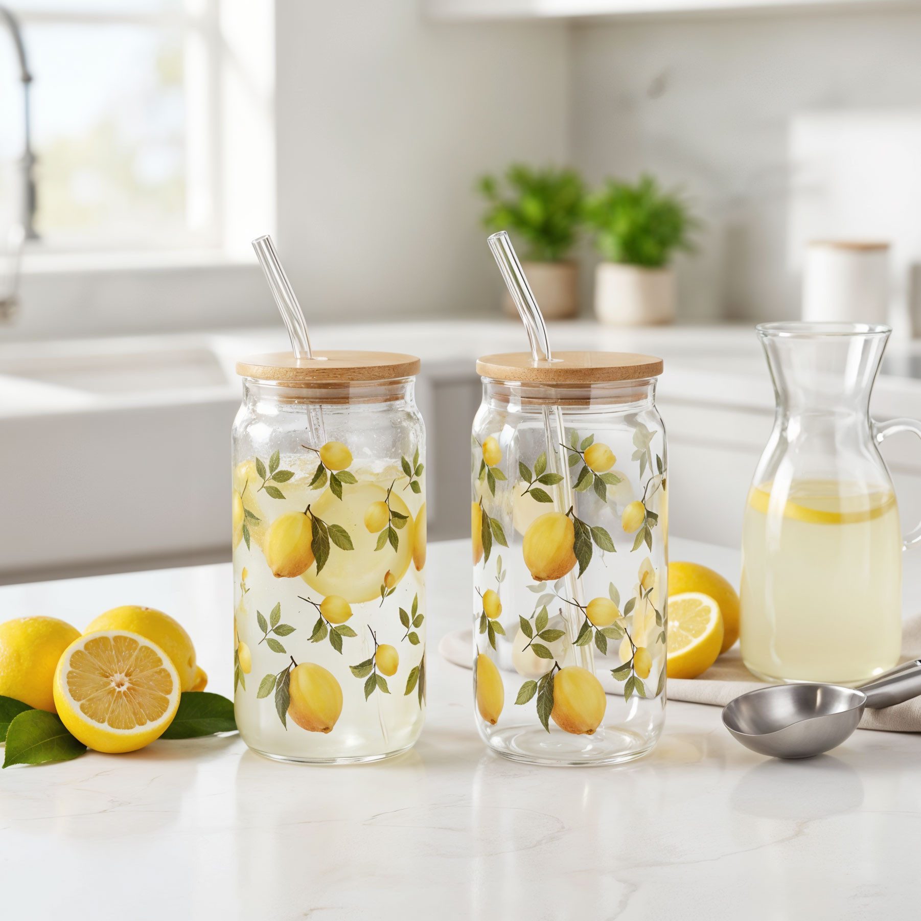 Levandeo® Glas, 2er Set Trinkglas 500ml Zitronen Strohhalm Bambusdeckel Trinkbecher