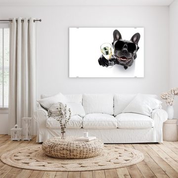 Primedeco Glasbild Wandbild Bulldogge mit Prosecco Glas mit Aufhängung, Tiere