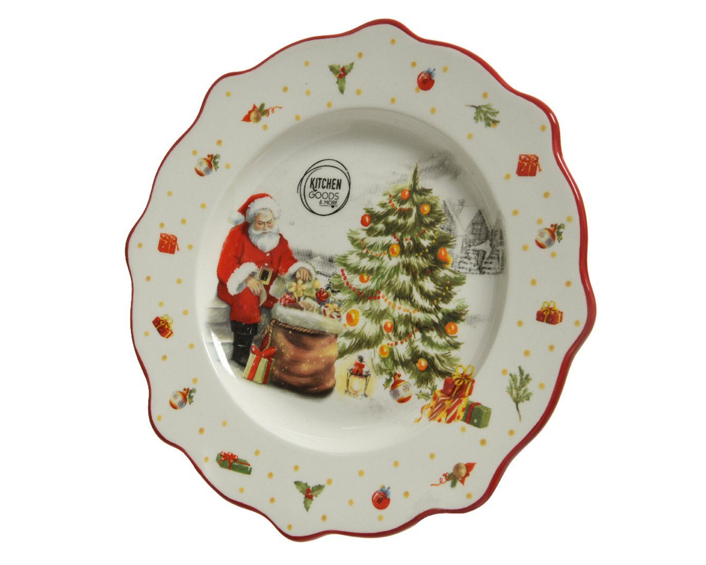Kaemingk Dekoteller, Weihnachtsteller mit Weihnachtsmann Motiv Keramik 26cm weiß / rot