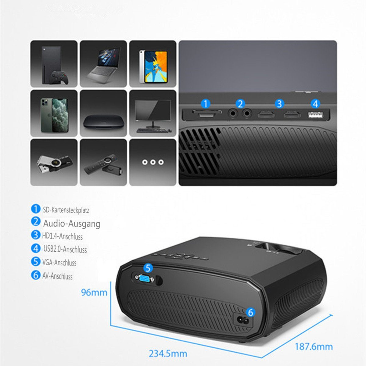 BLiTZWOLF LED-Beamer (3500: 1, 1920 x 1080 px, 1080P WIFI-Projektor Full HD 2.4G/5G WIFI bluetooth)