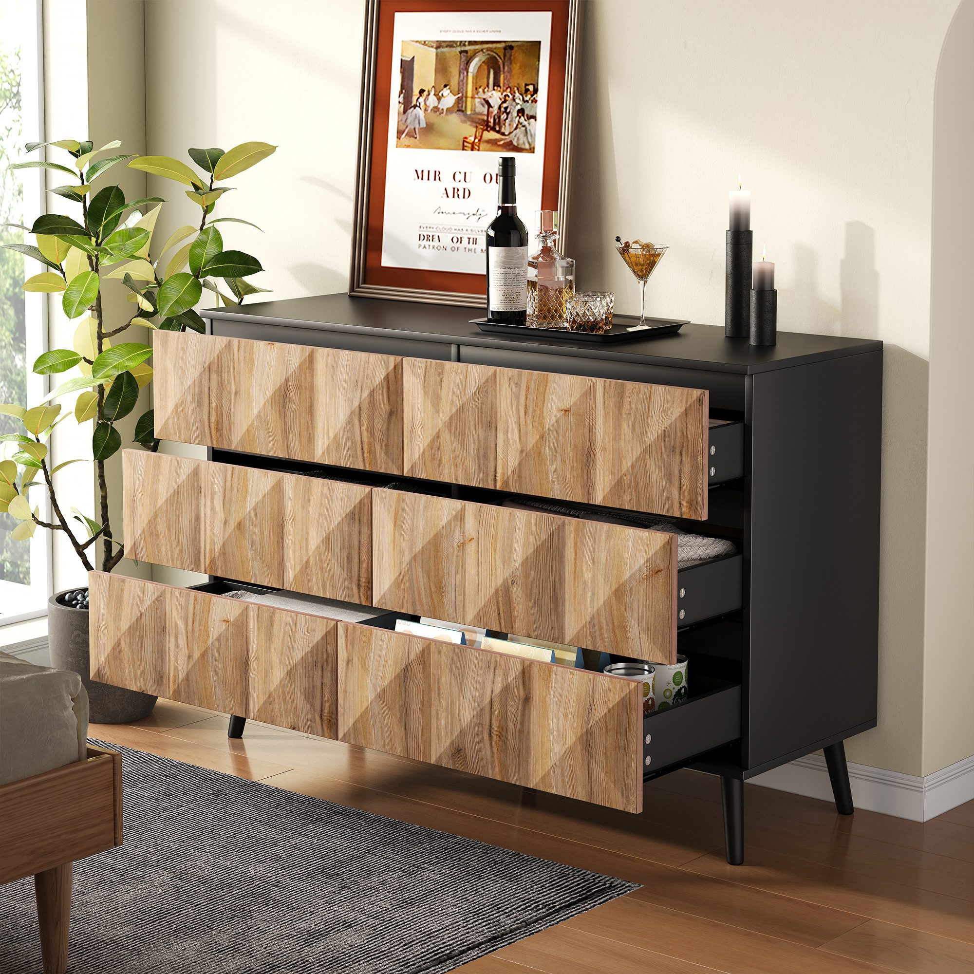 Merax Sideboard mit 6 Schublade, Anrichte in Schwarz & Holzoptik (1 St., 12 günstig online kaufen