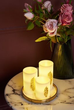 Pauleen LED-Kerze Golden Feather Candle Wachskerze (Set, 3-tlg), Timer, Batterie, Weiß/Gold