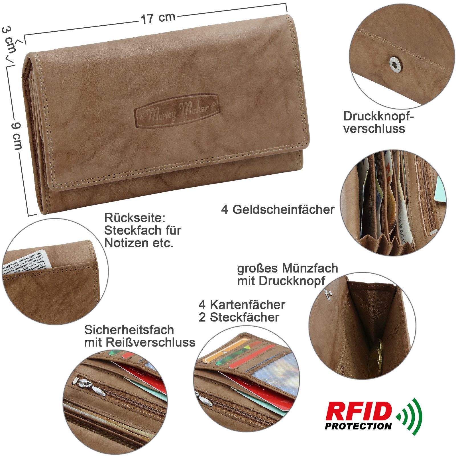 Money Maker Geldbörse aus Leder - Damen Portmonee mit RFID-Schutz - viele Fächer, groß