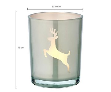 EDZARD Windlicht Loki left, Windlicht, Kerzenglas mit Rentier-Motiv in Grau-Weiß, Teelichtglas für Teelichter, Höhe 13 cm, Ø 10 cm