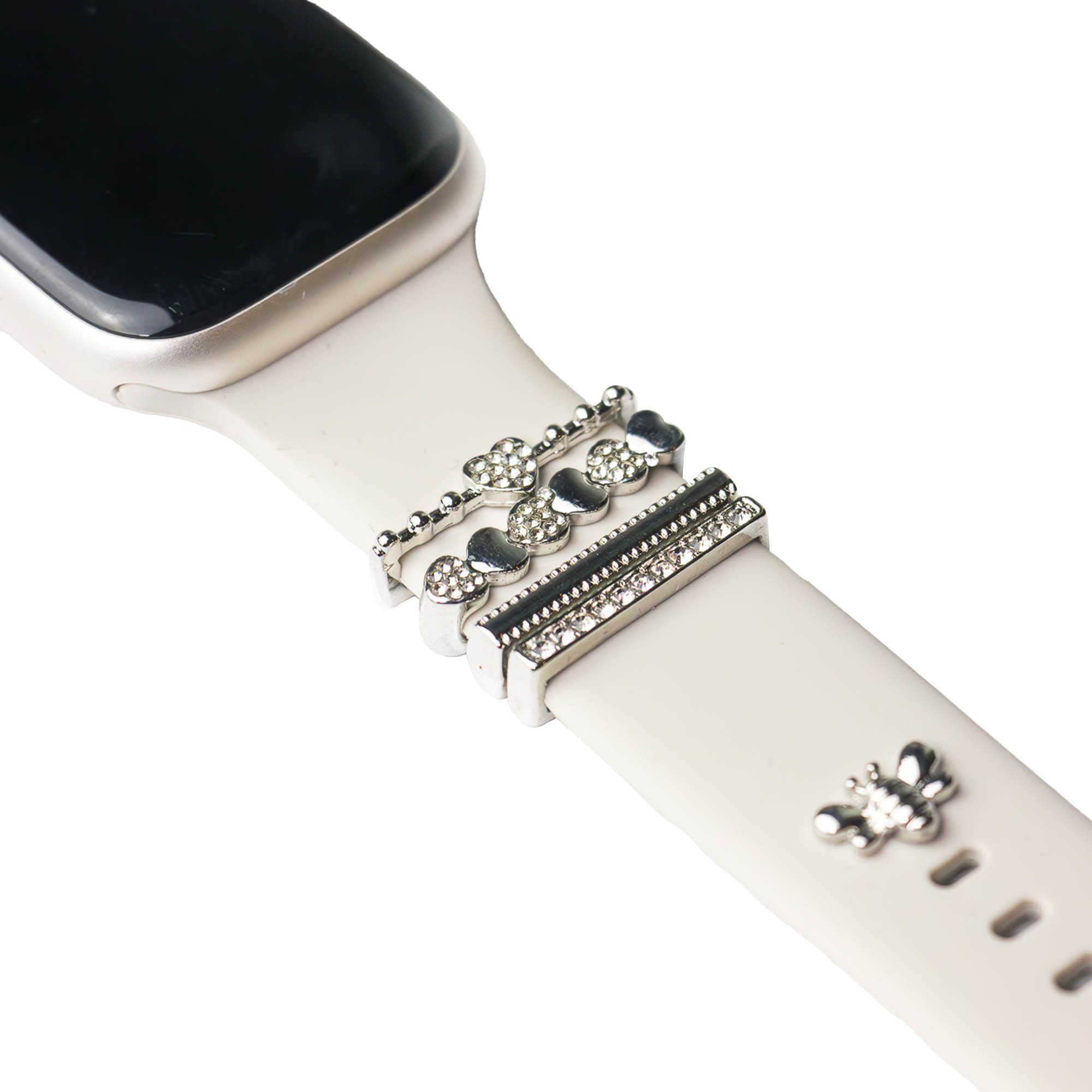 ARTVALL Smartwatch-Armband Apple Watch Charms Set 38/40/41mm & 42/44/45/49mm, trendige Watch Charms Biene Pin Herzen & Strasssteine Silber