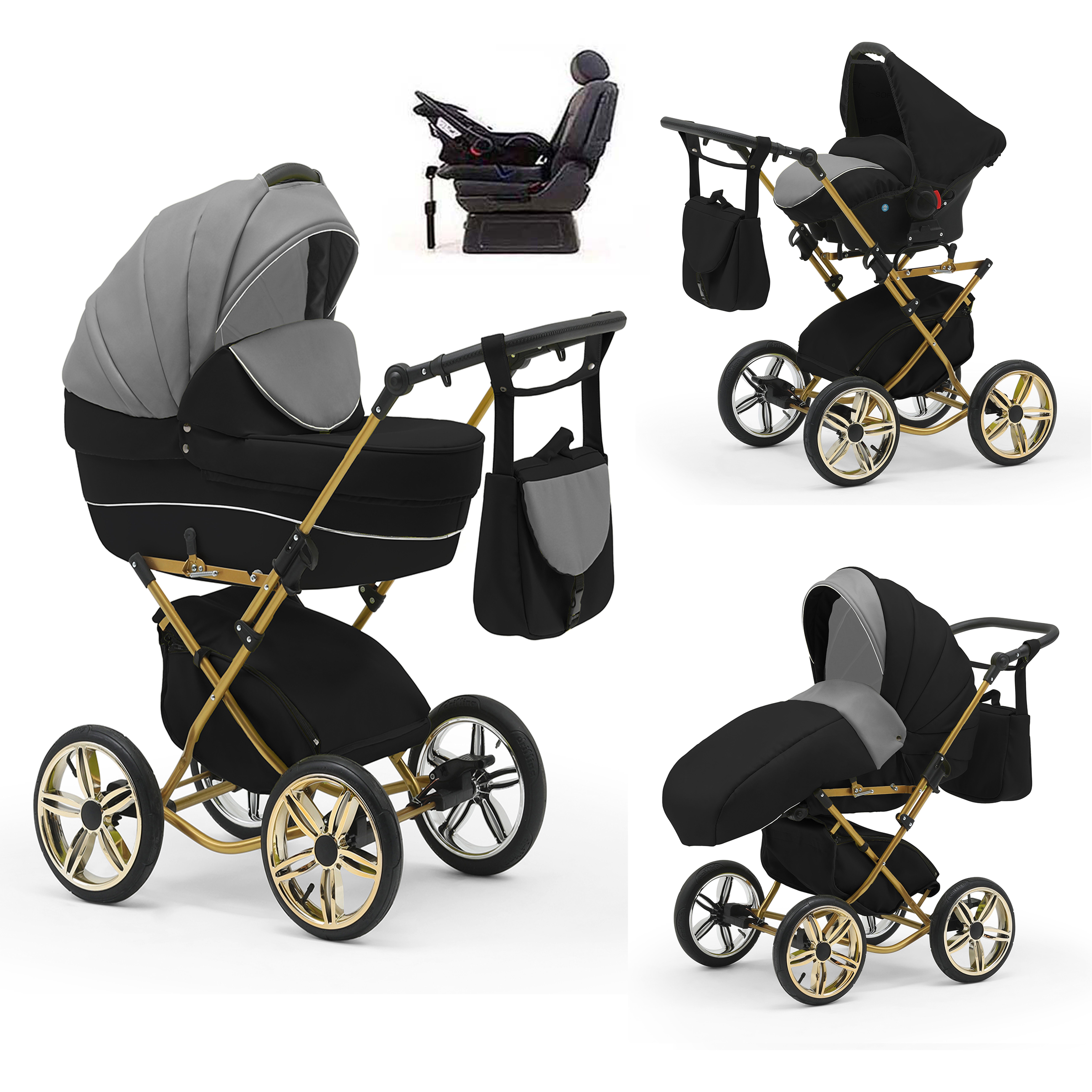 babies-on-wheels Kombi-Kinderwagen Sorento 4 in 1 inkl. Autositz und Iso Base - 14 Teile - in 10 Designs Grau-Schwarz