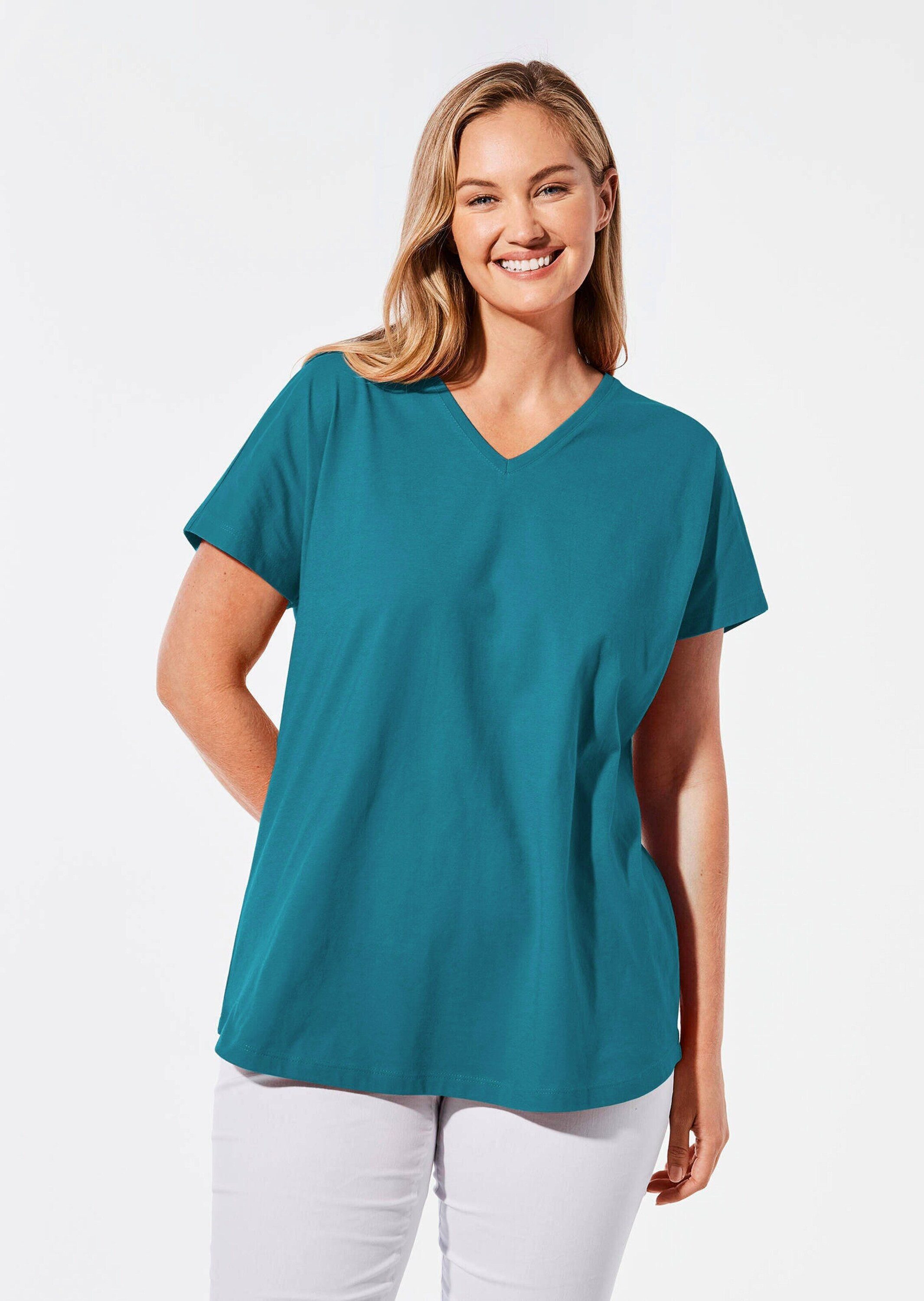 GOLDNER T-Shirt Luftiges Shirt mit schmaler Blende (CURVY, CURVY) Unifarbenes Modell mit elegantem V-Ausschnitt