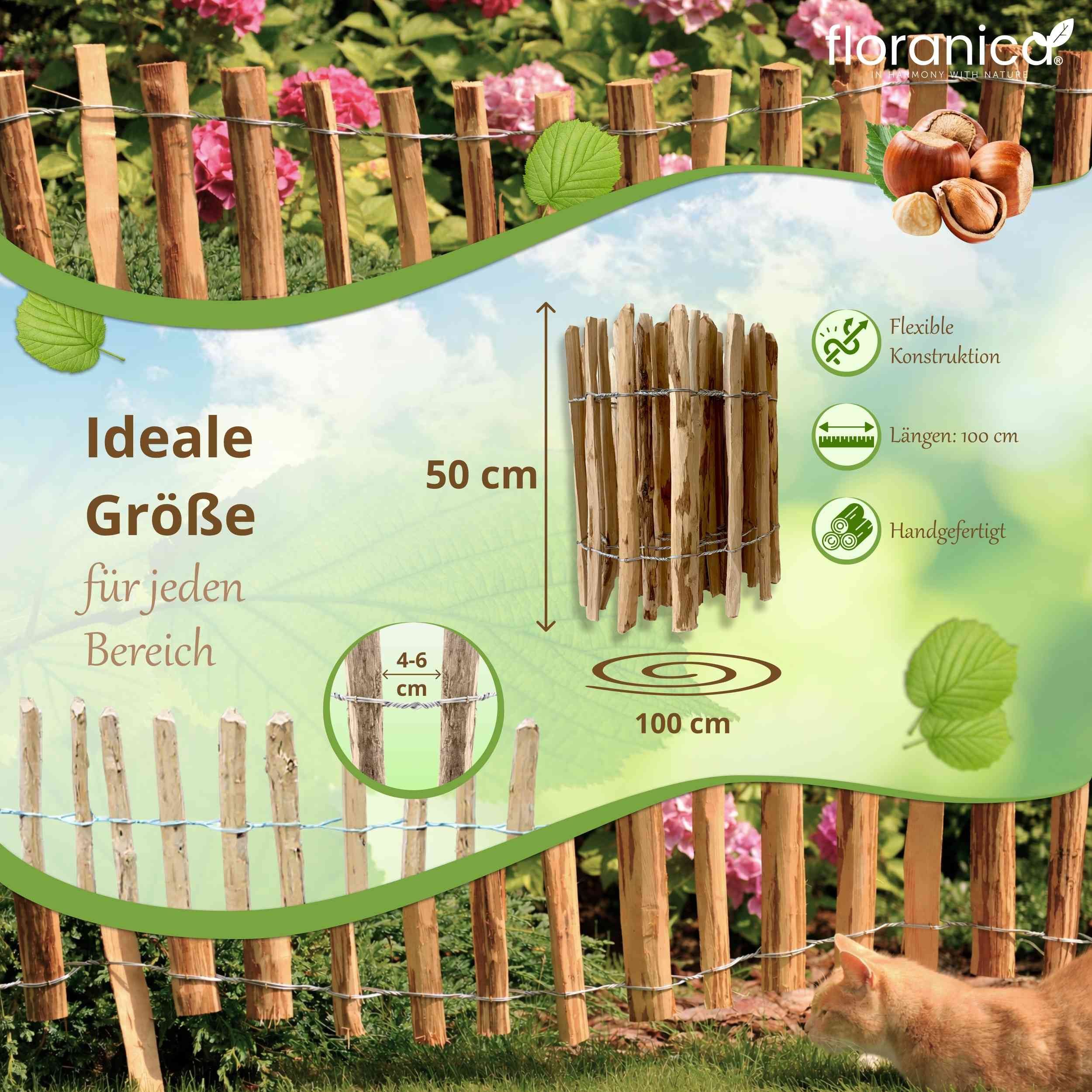 Floranica Staketenzaun Gartenzaun aus Haselnuss oder Kastanie, Steckzaun, Rollzaun, (L / H 100 x 50 cm, 1-St., Lattenafstand 4-6 cm), als Grundstücksgrenze, Hühnerzaun, Gemüsegärten Beeten oder Tierweiden