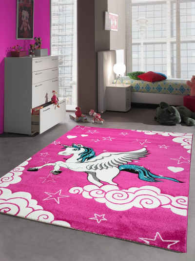 Kinderteppich Kinderteppich Spielteppich Kinderzimmer Teppich Einhorn Design mit Konturenschnitt Pink Creme Türkis, Teppich-Traum, rechteckig, Höhe: 13 mm